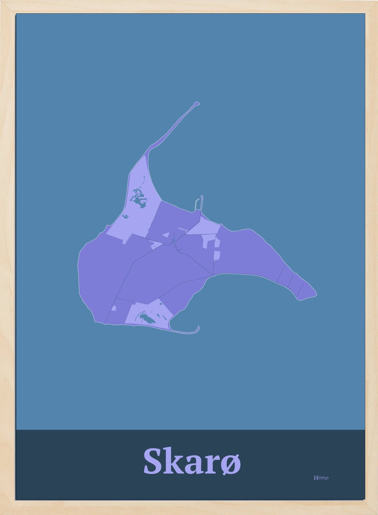 Skarø plakat i farve pastel lilla og HjemEgn.dk design firkantet. Design ø-kort for Skarø