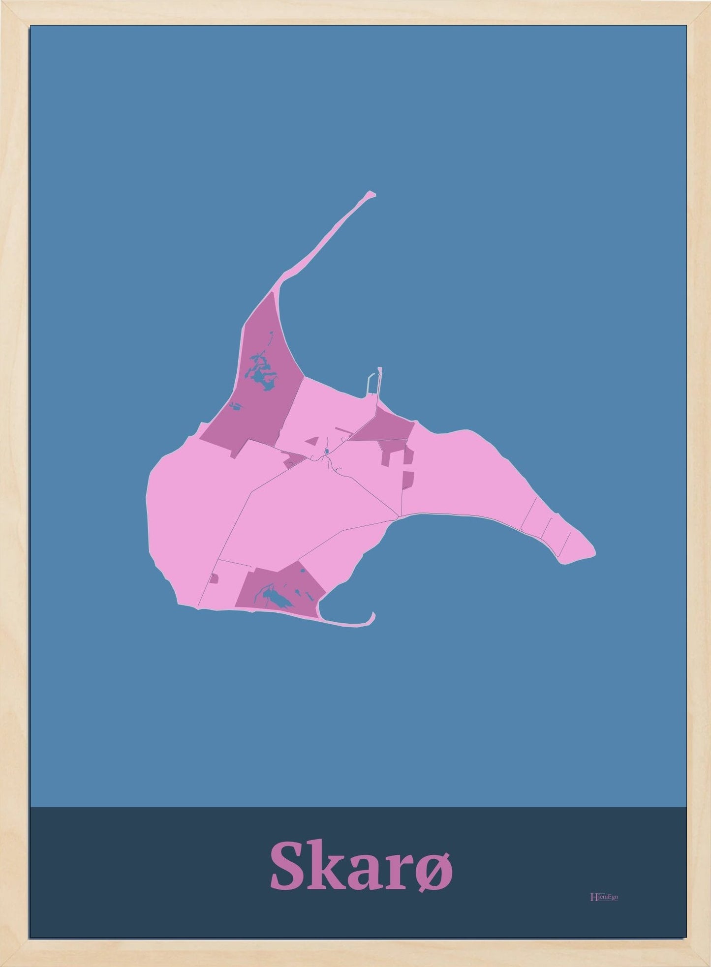 Skarø plakat i farve pastel rød og HjemEgn.dk design firkantet. Design ø-kort for Skarø