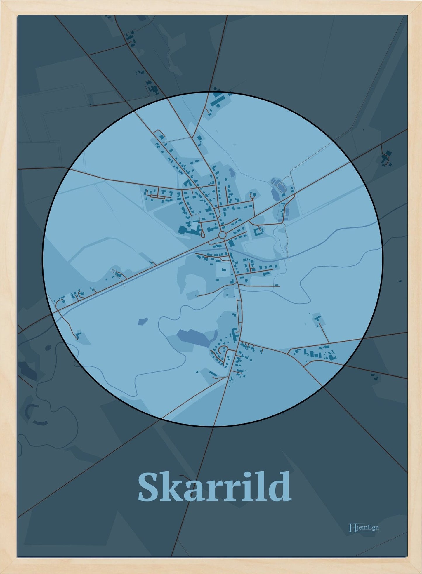 Skarrild plakat i farve pastel blå og HjemEgn.dk design centrum. Design bykort for Skarrild