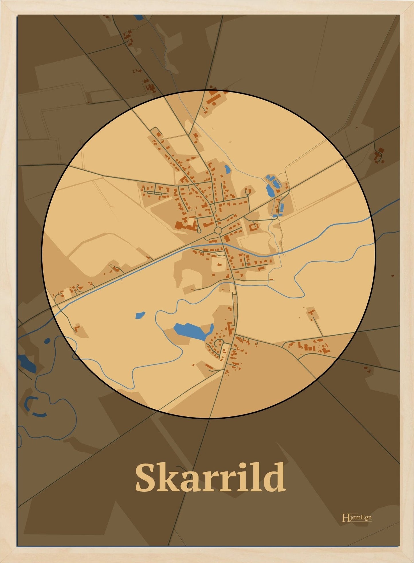 Skarrild plakat i farve pastel brun og HjemEgn.dk design centrum. Design bykort for Skarrild