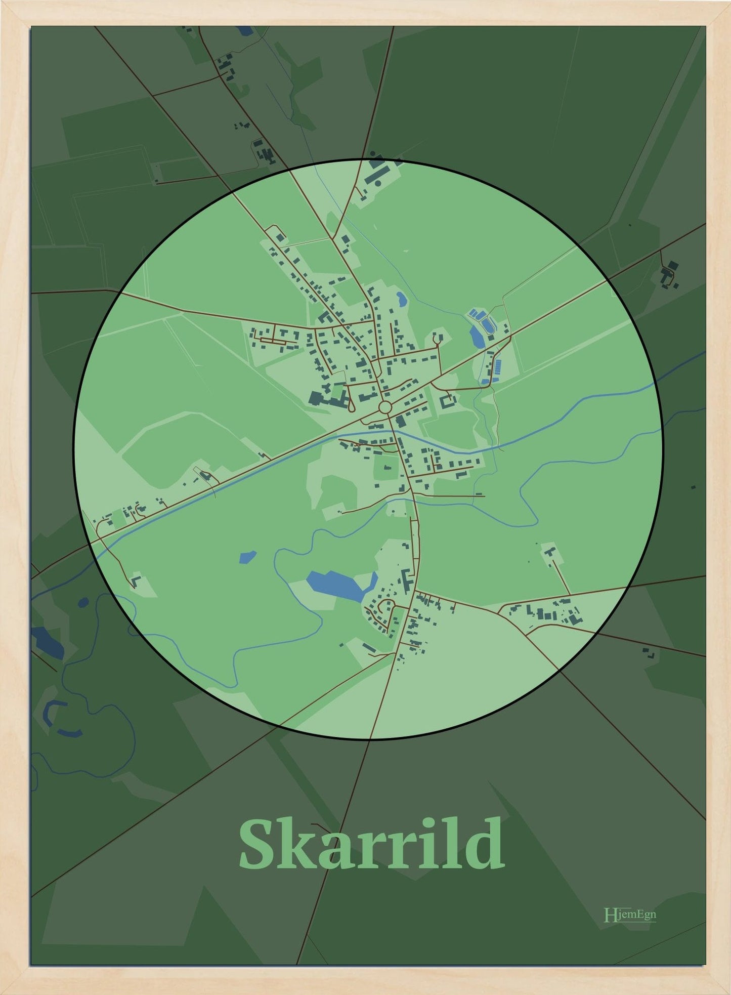 Skarrild plakat i farve pastel grøn og HjemEgn.dk design centrum. Design bykort for Skarrild