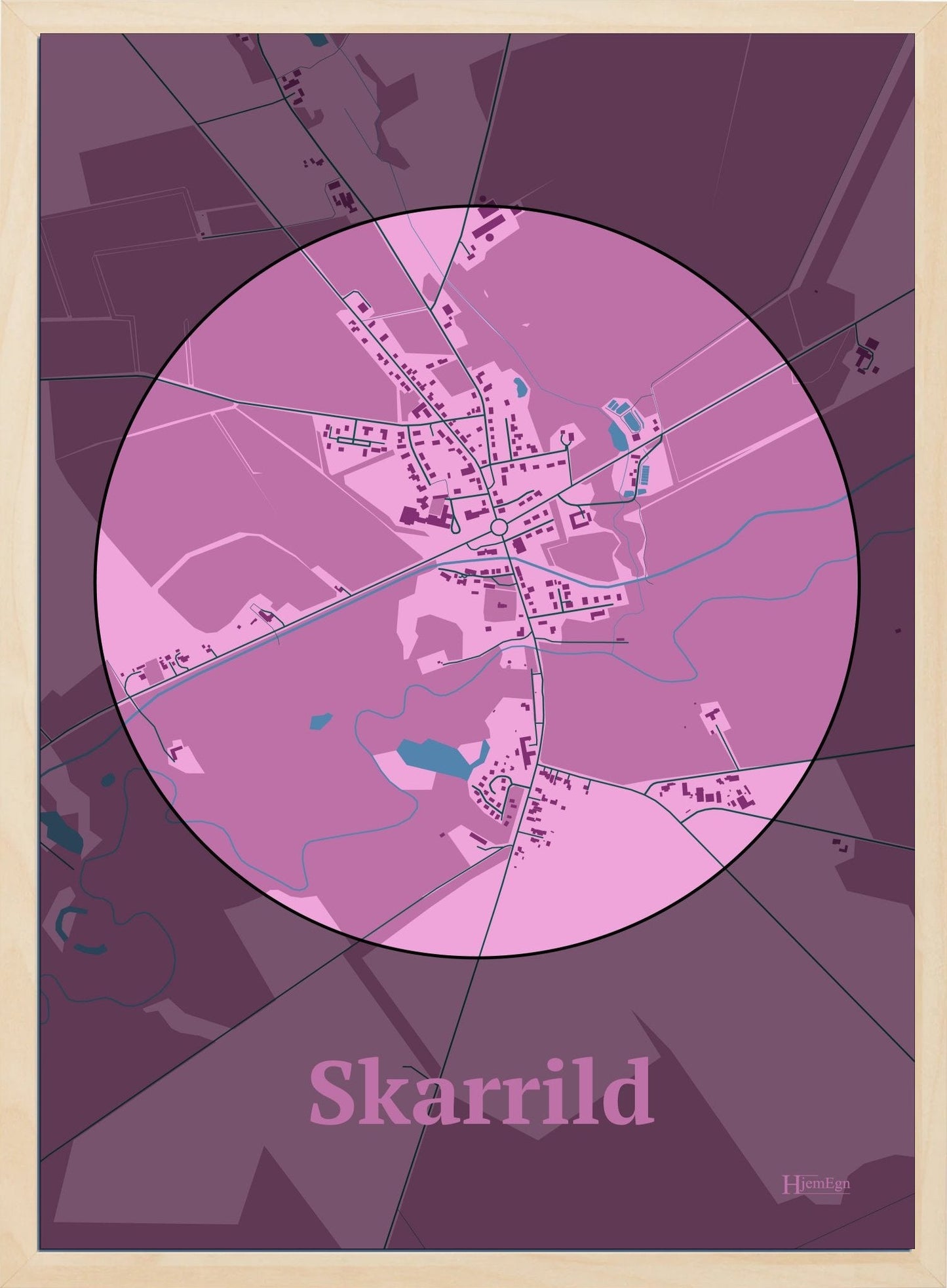 Skarrild plakat i farve pastel rød og HjemEgn.dk design centrum. Design bykort for Skarrild