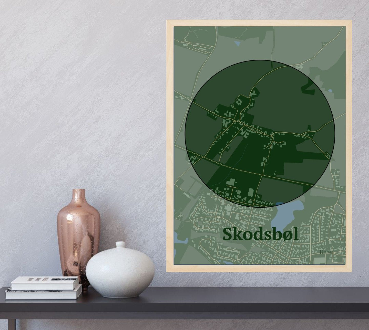 Skodsbøl plakat i farve og HjemEgn.dk design centrum. Design bykort for Skodsbøl