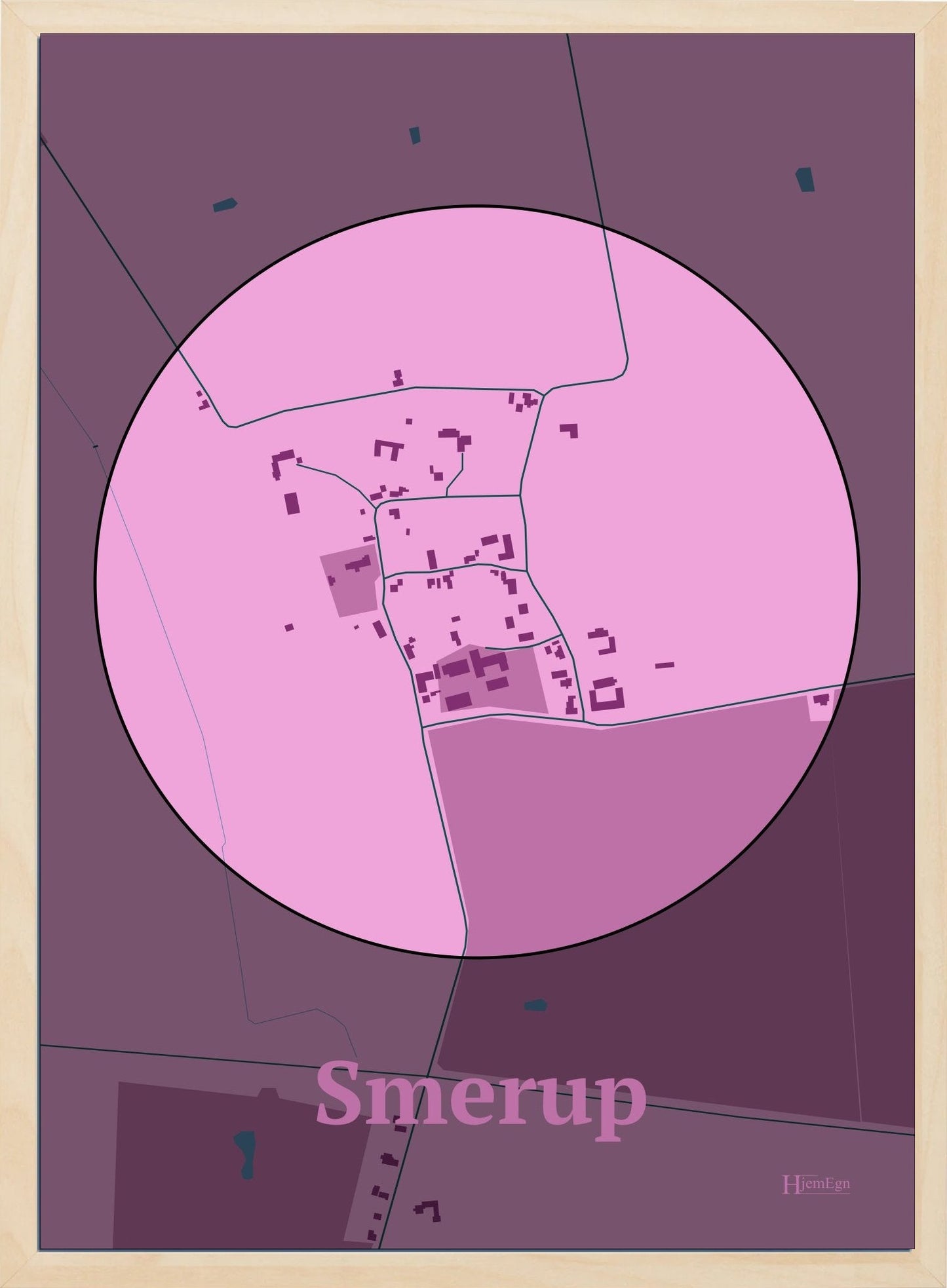 Smerup plakat i farve pastel rød og HjemEgn.dk design centrum. Design bykort for Smerup