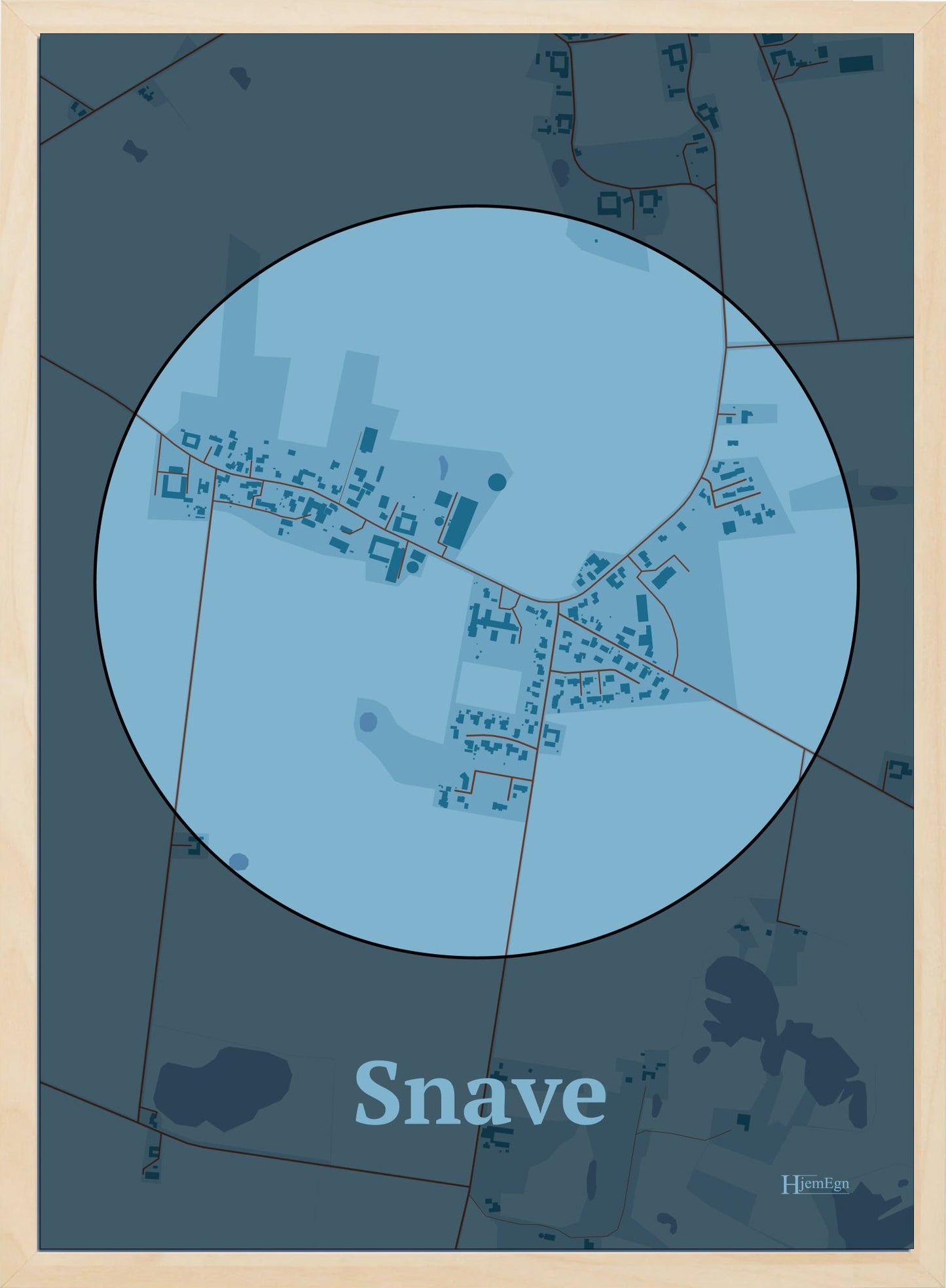 Snave plakat i farve pastel blå og HjemEgn.dk design centrum. Design bykort for Snave
