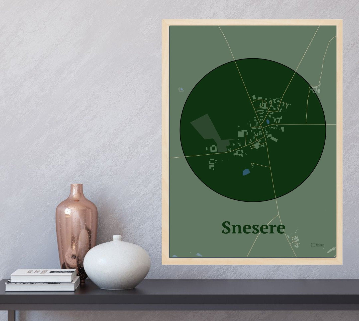 Snesere plakat i farve og HjemEgn.dk design centrum. Design bykort for Snesere
