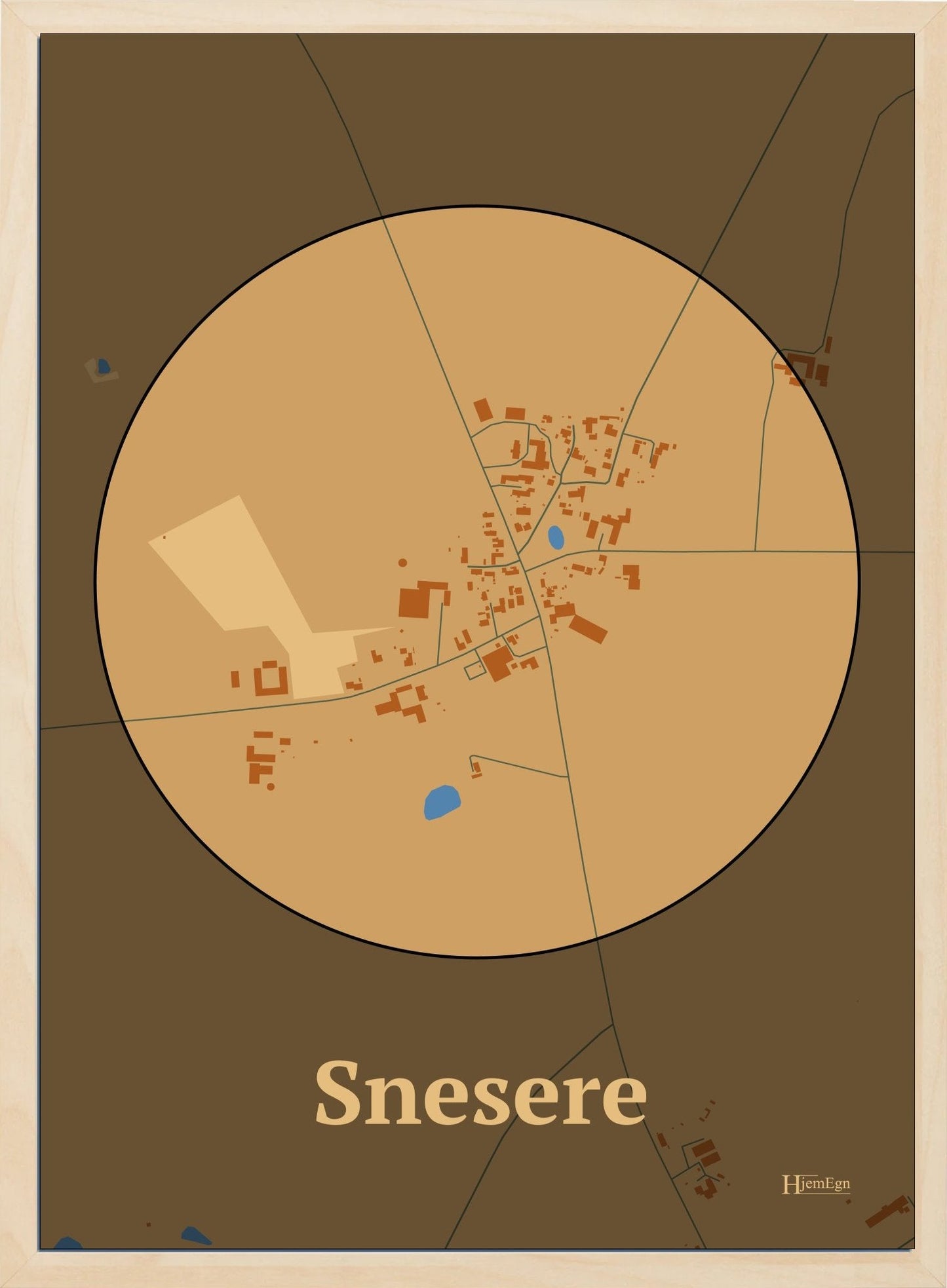 Snesere plakat i farve pastel brun og HjemEgn.dk design centrum. Design bykort for Snesere