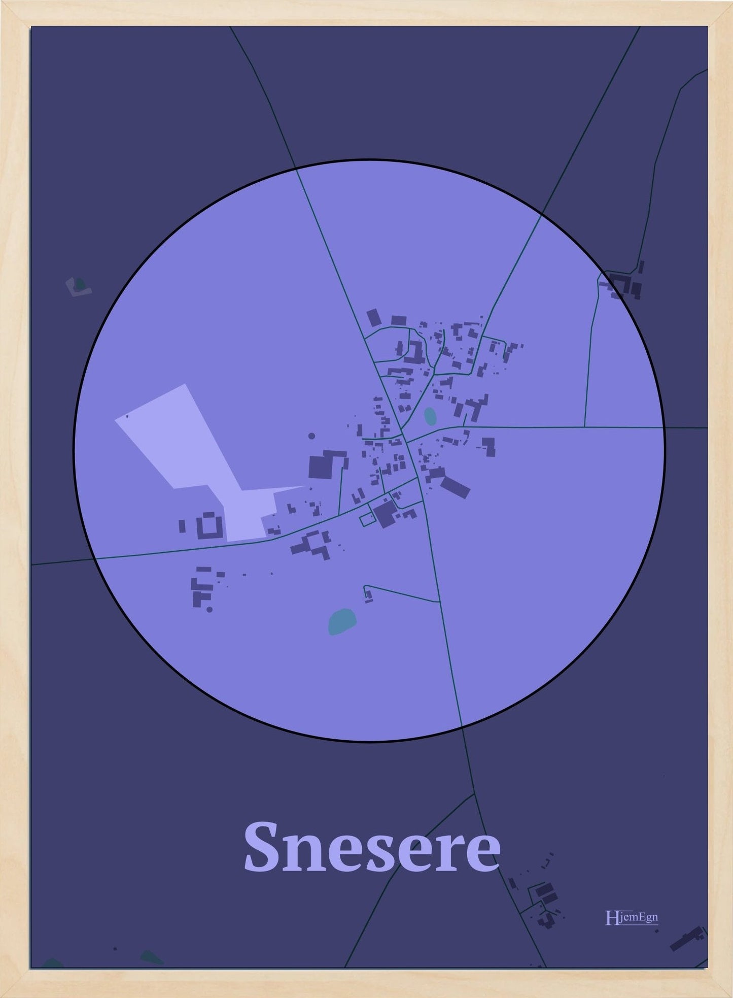 Snesere plakat i farve pastel lilla og HjemEgn.dk design centrum. Design bykort for Snesere