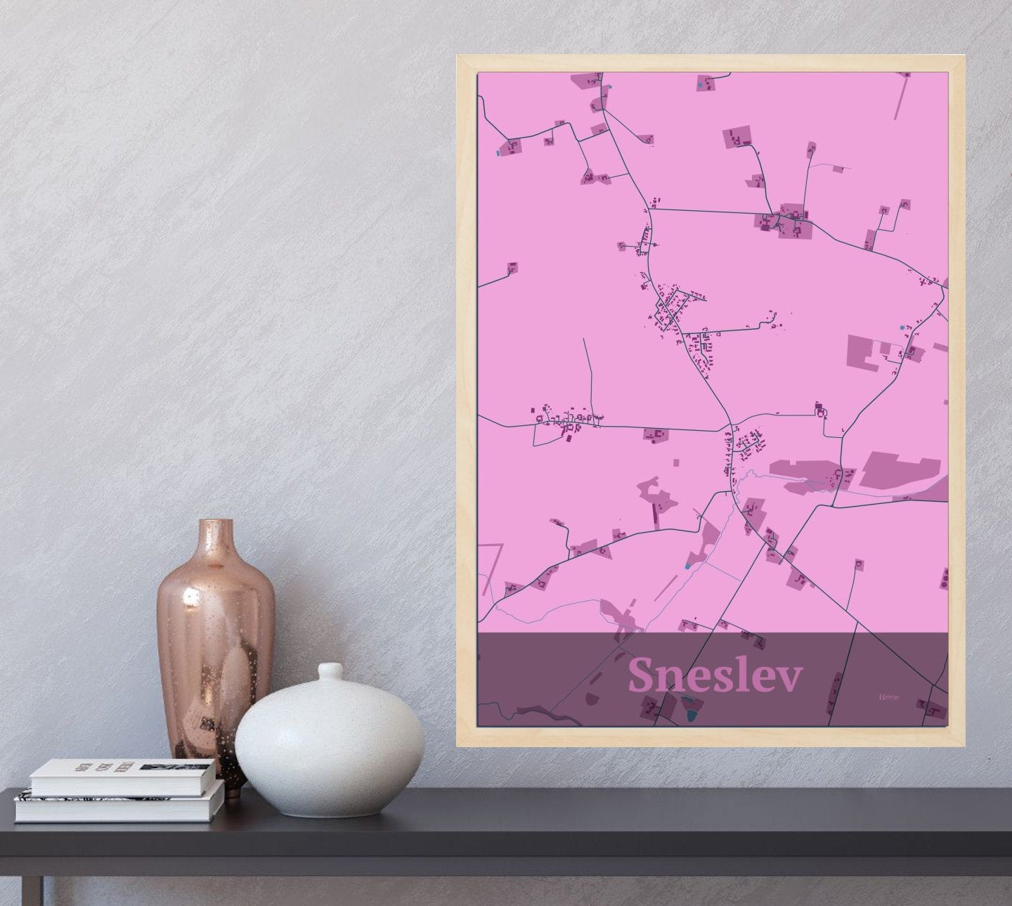 Sneslev plakat i farve og HjemEgn.dk design firkantet. Design bykort for Sneslev