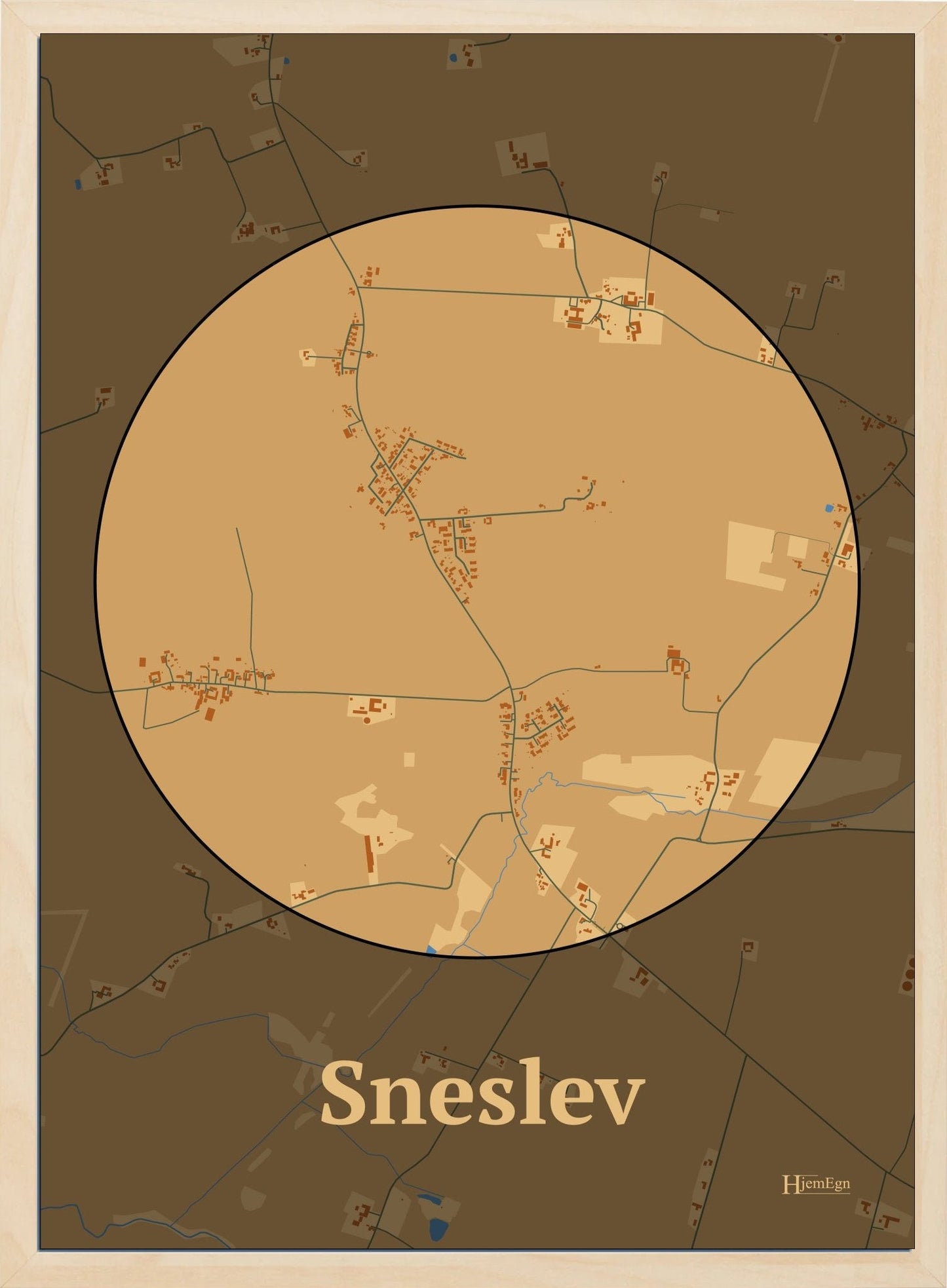Sneslev plakat i farve pastel brun og HjemEgn.dk design centrum. Design bykort for Sneslev