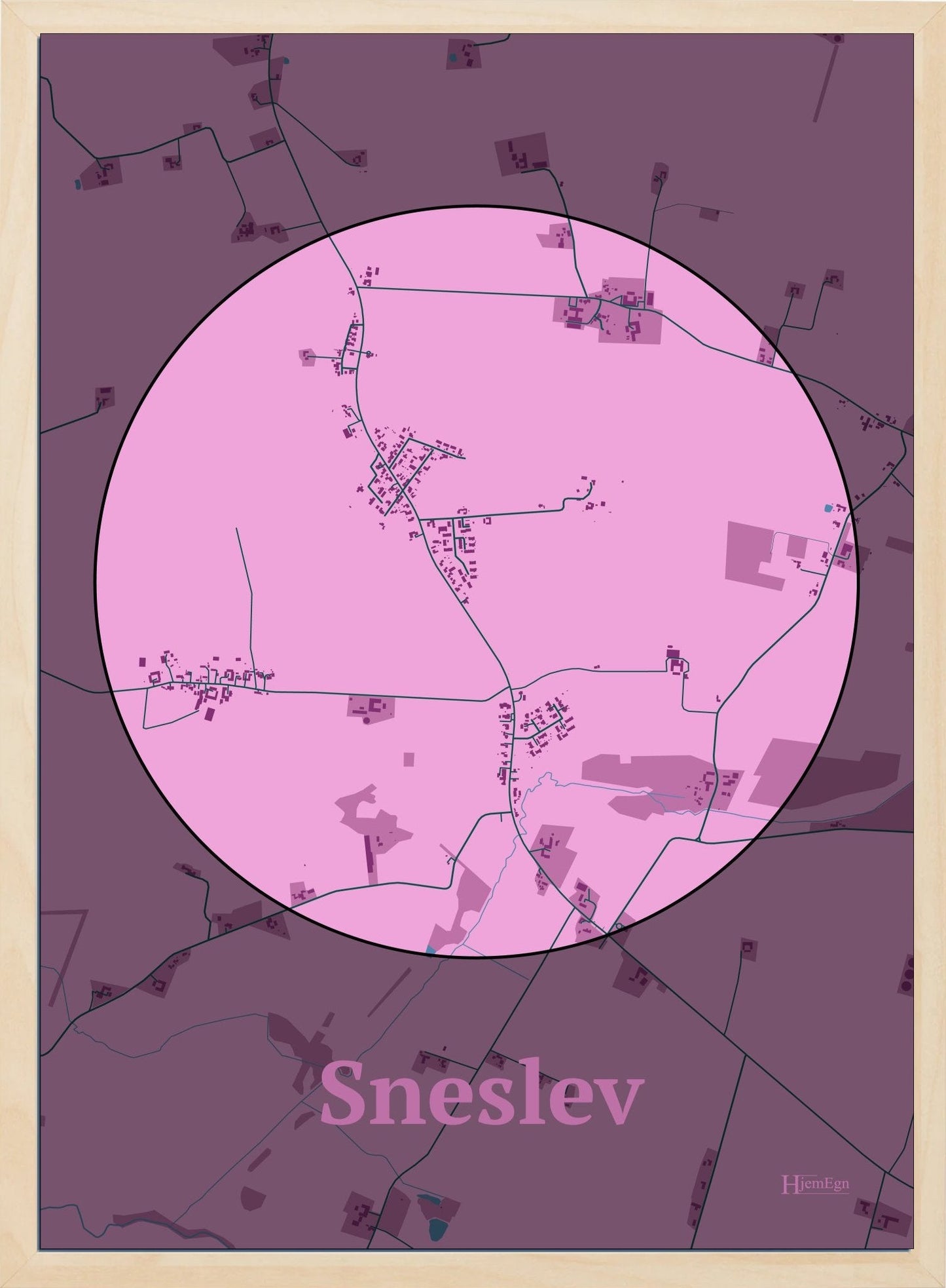 Sneslev plakat i farve pastel rød og HjemEgn.dk design centrum. Design bykort for Sneslev