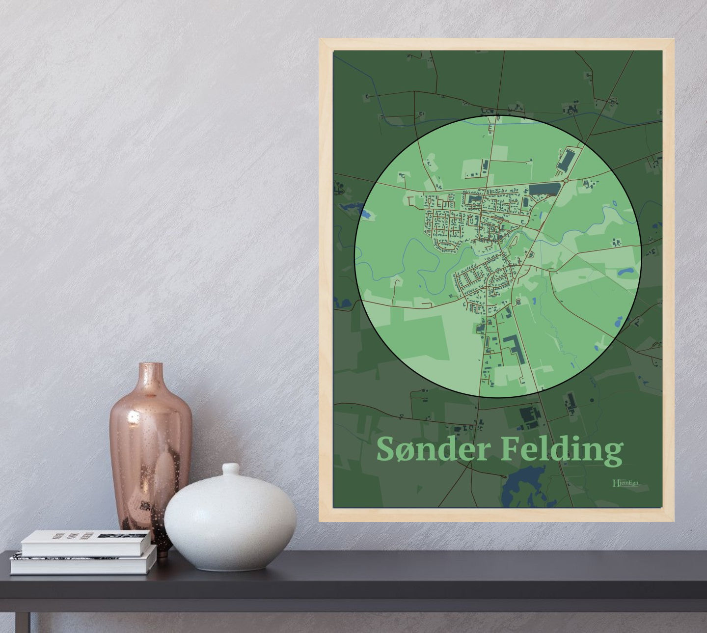 Sønder Felding plakat i farve og HjemEgn.dk design centrum. Design bykort for Sønder Felding