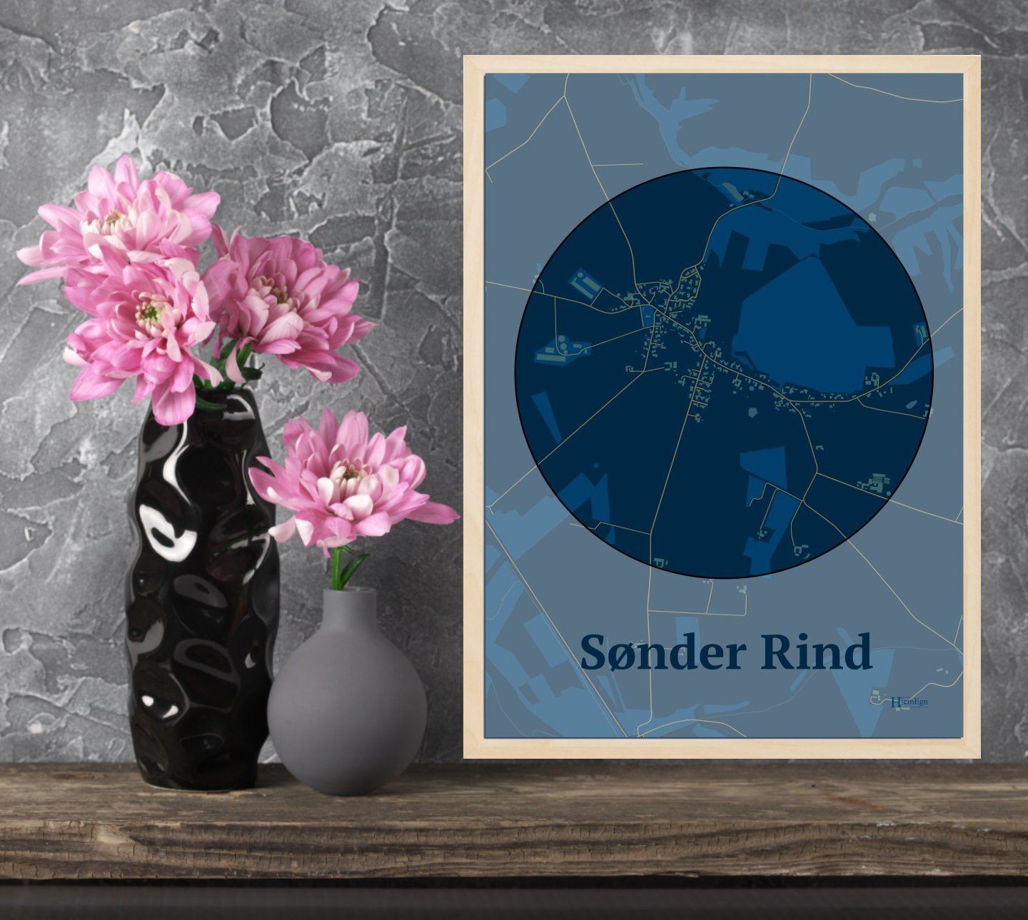 Sønder Rind plakat i farve og HjemEgn.dk design centrum. Design bykort for Sønder Rind