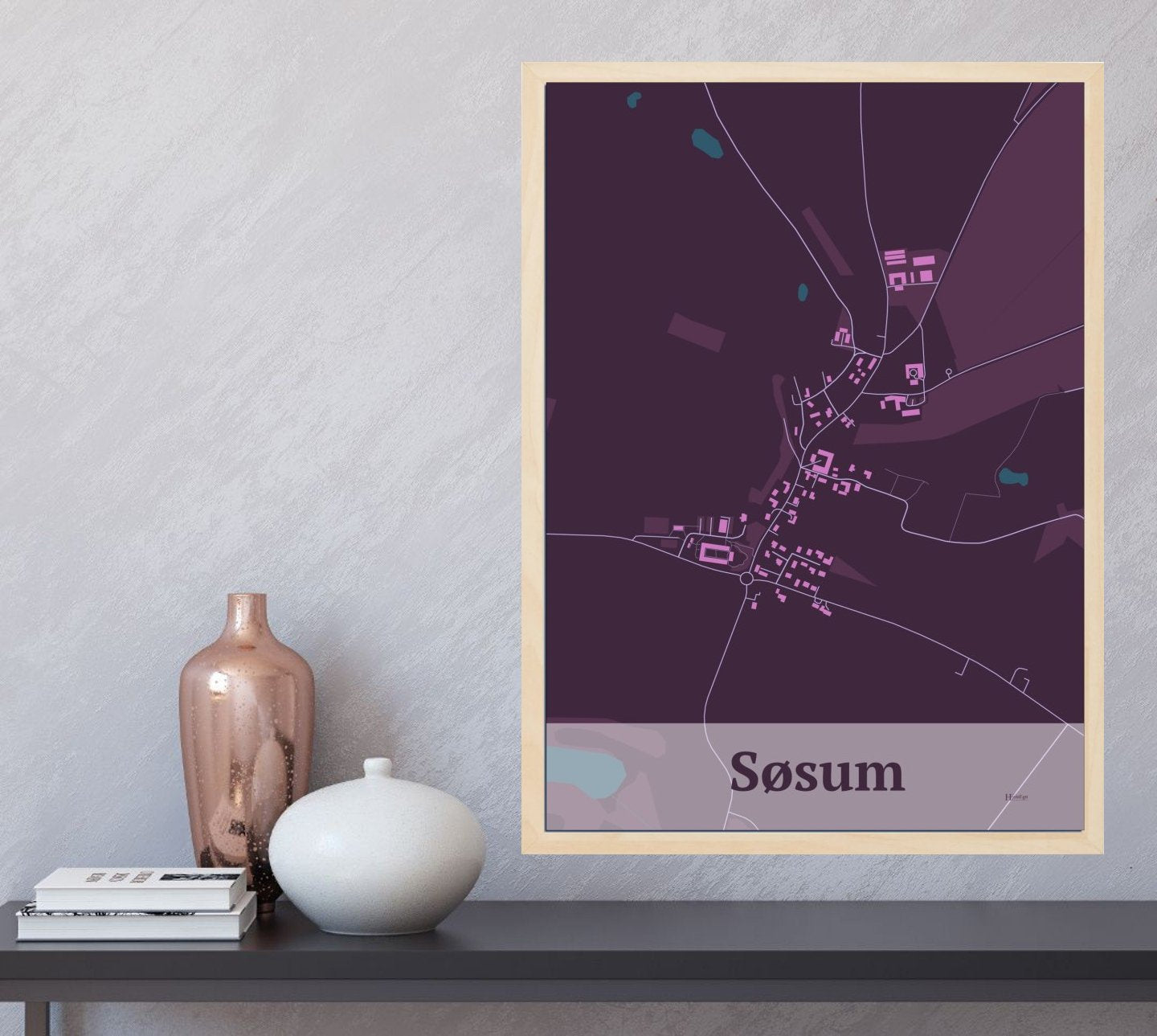 Søsum plakat i farve og HjemEgn.dk design firkantet. Design bykort for Søsum