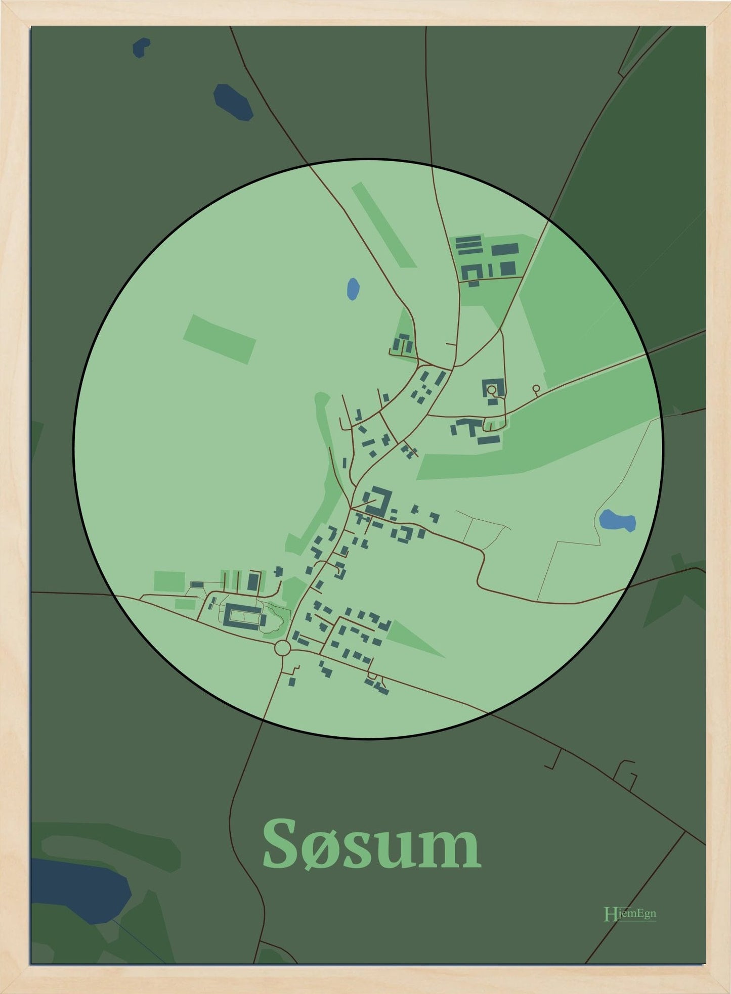Søsum plakat i farve pastel grøn og HjemEgn.dk design centrum. Design bykort for Søsum