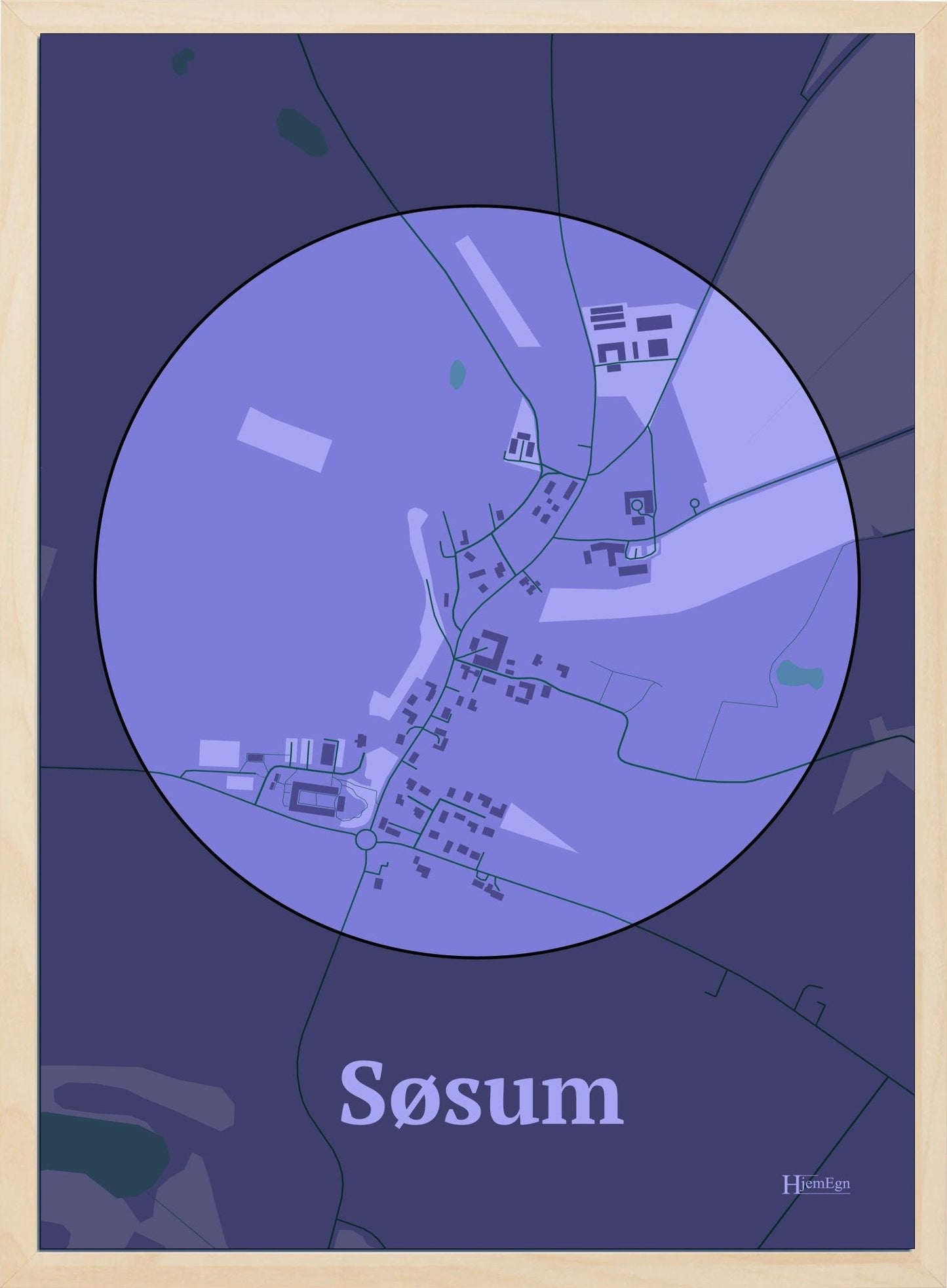 Søsum plakat i farve pastel lilla og HjemEgn.dk design centrum. Design bykort for Søsum