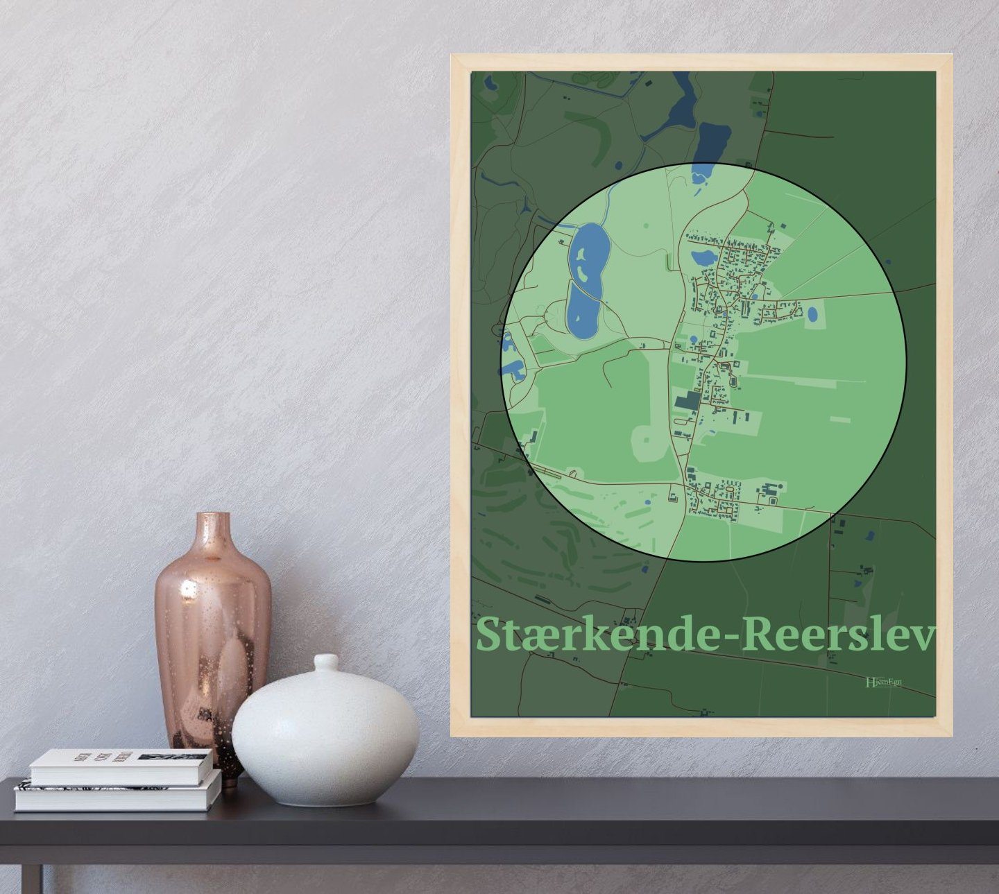 Stærkende-reerslev plakat i farve og HjemEgn.dk design centrum. Design bykort for Stærkende-reerslev