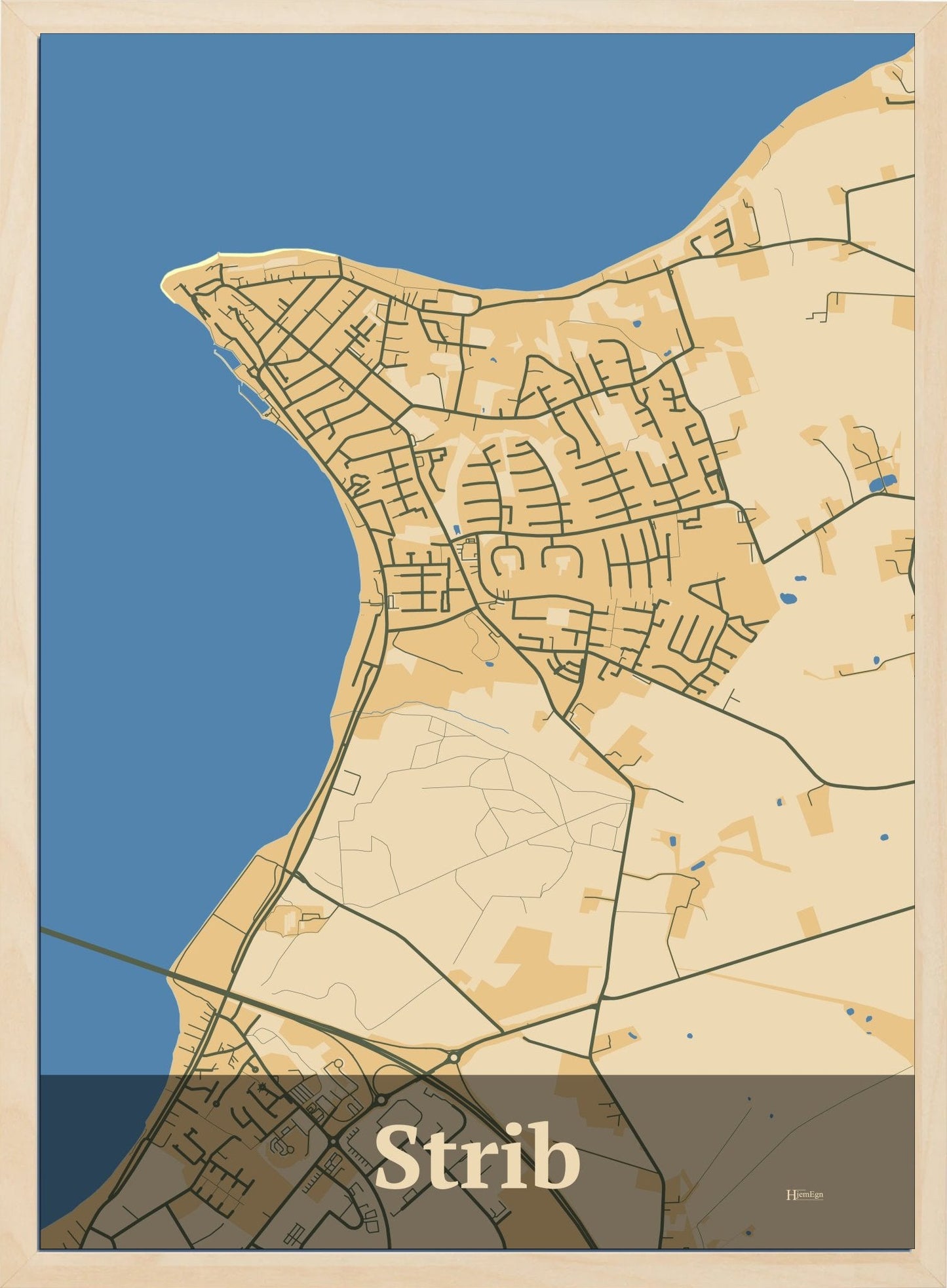 Strib plakat i farve pastel brun og HjemEgn.dk design firkantet. Design bykort for Strib