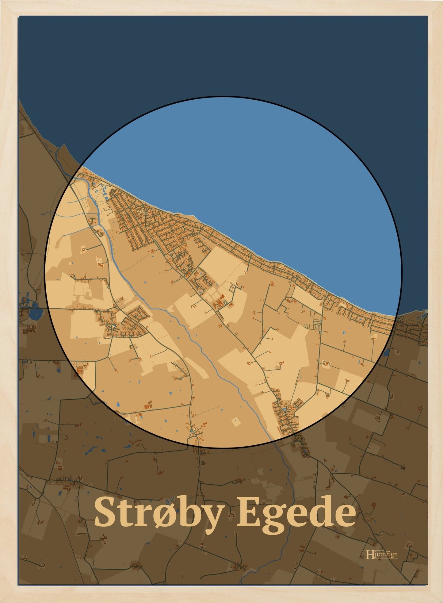 Strøby Egede plakat i farve pastel brun og HjemEgn.dk design centrum. Design bykort for Strøby Egede