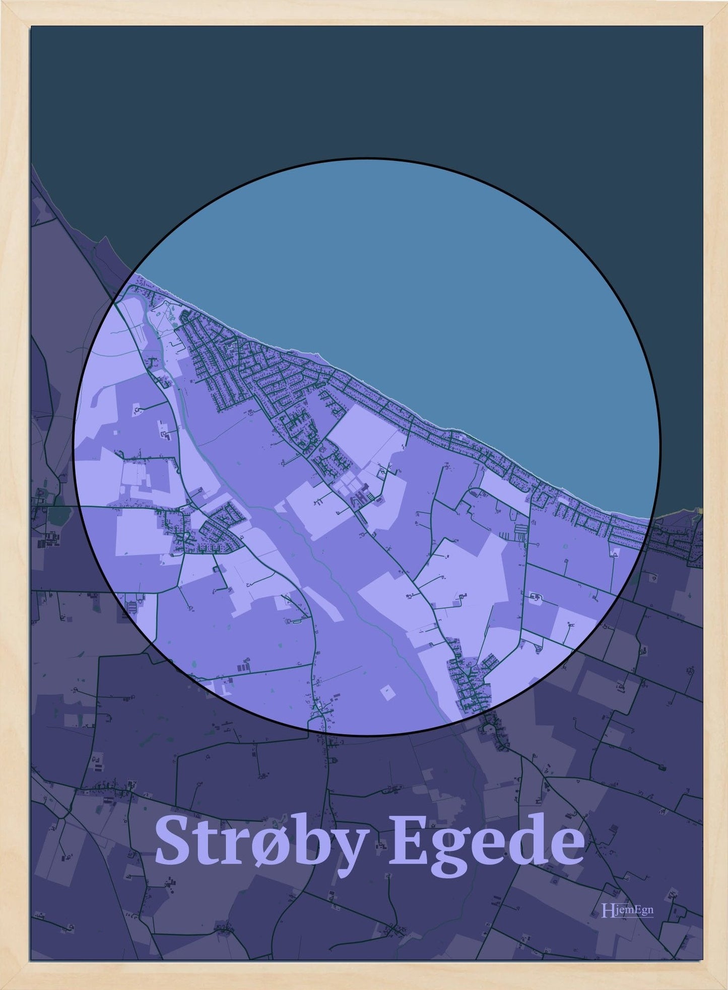 Strøby Egede plakat i farve pastel lilla og HjemEgn.dk design centrum. Design bykort for Strøby Egede