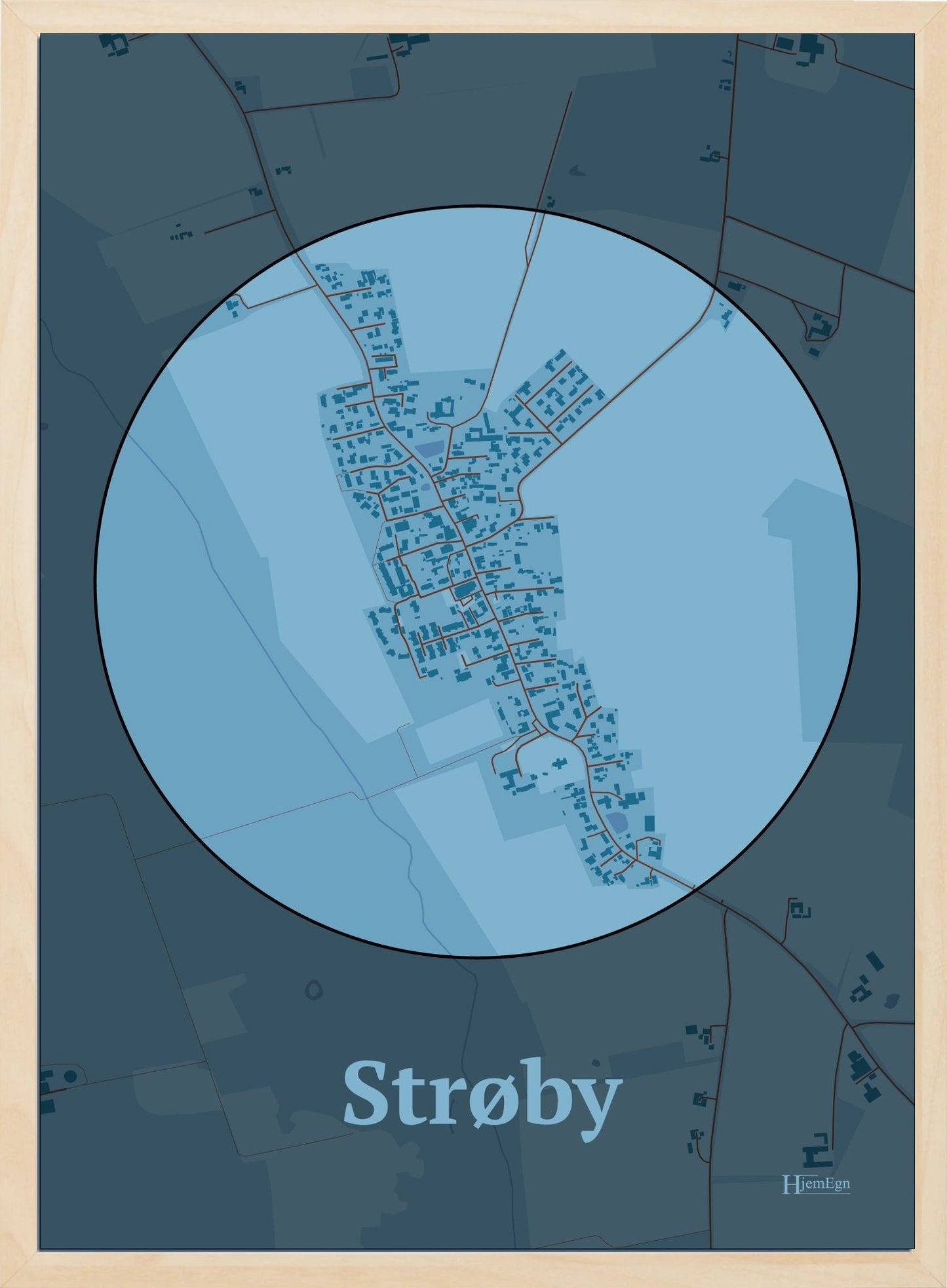Strøby plakat i farve pastel blå og HjemEgn.dk design centrum. Design bykort for Strøby