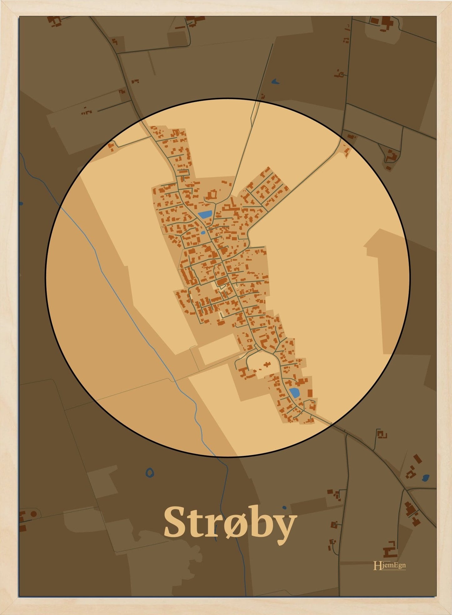 Strøby plakat i farve pastel brun og HjemEgn.dk design centrum. Design bykort for Strøby