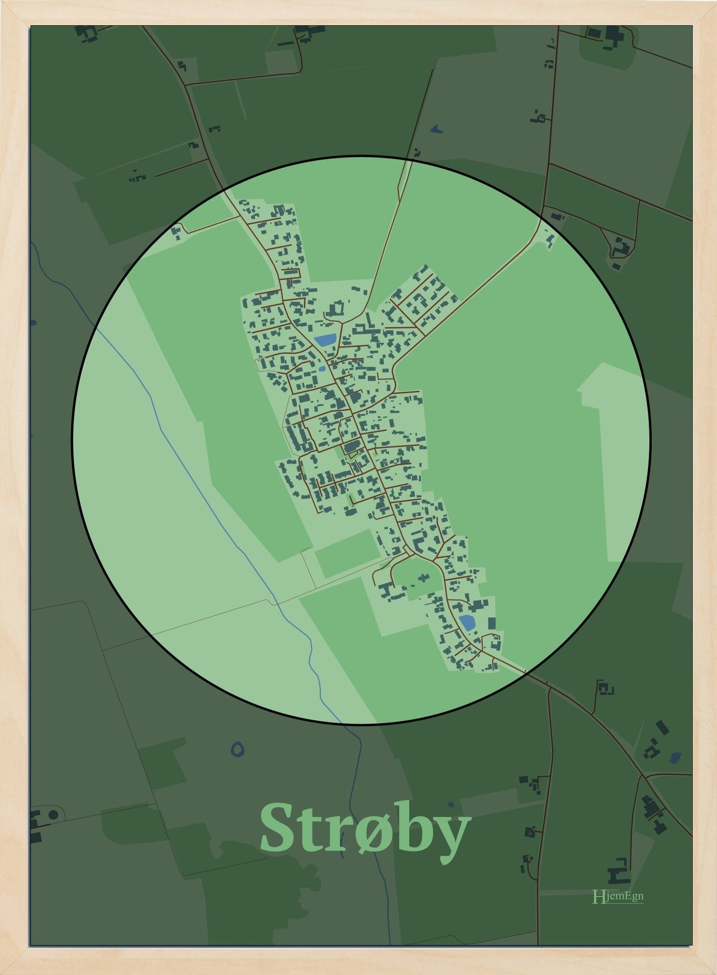 Strøby plakat i farve pastel grøn og HjemEgn.dk design centrum. Design bykort for Strøby