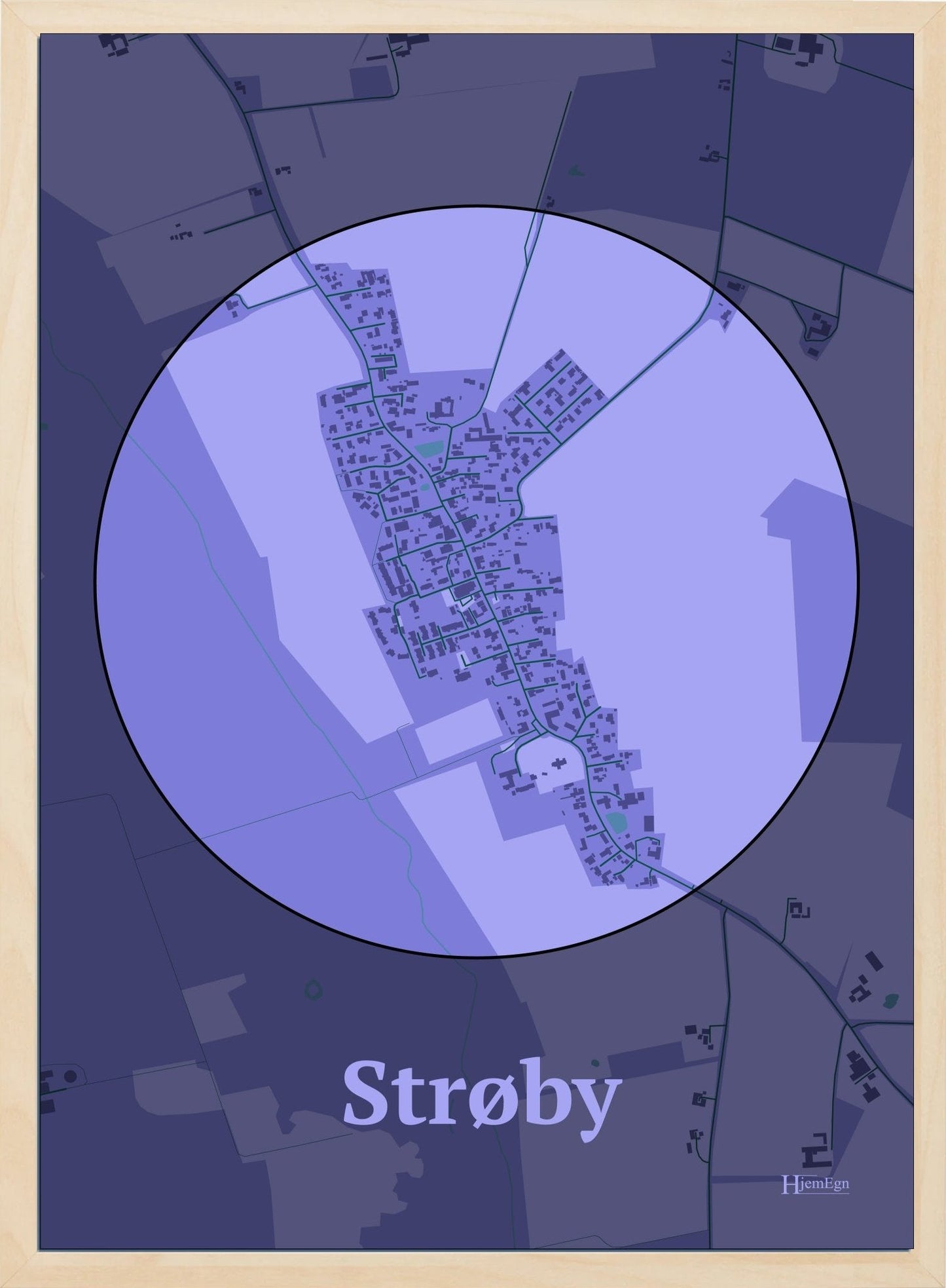 Strøby plakat i farve pastel lilla og HjemEgn.dk design centrum. Design bykort for Strøby