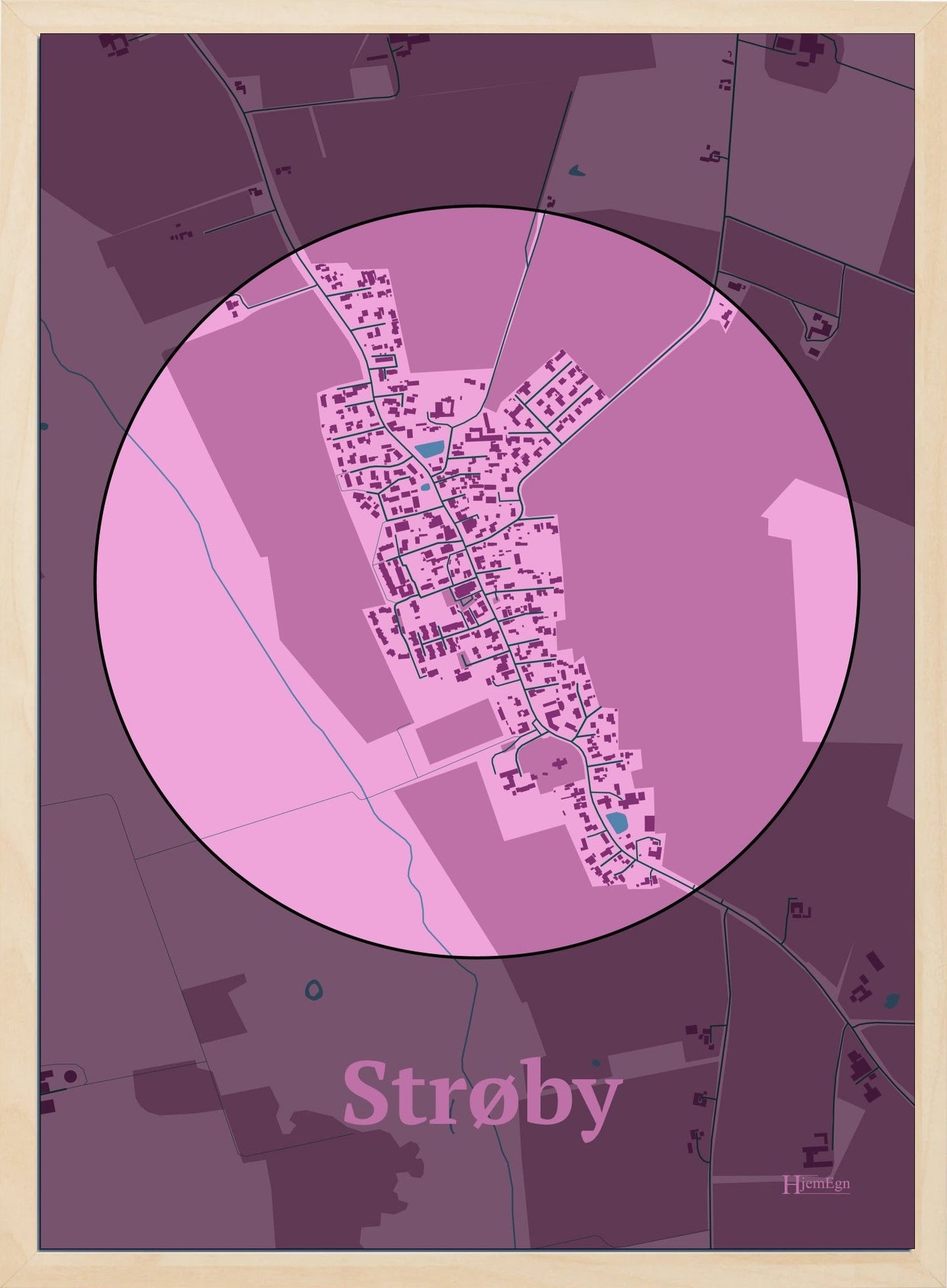 Strøby plakat i farve pastel rød og HjemEgn.dk design centrum. Design bykort for Strøby
