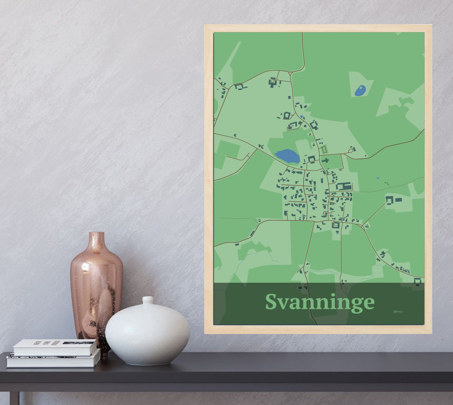 Svanninge plakat i farve og HjemEgn.dk design firkantet. Design bykort for Svanninge