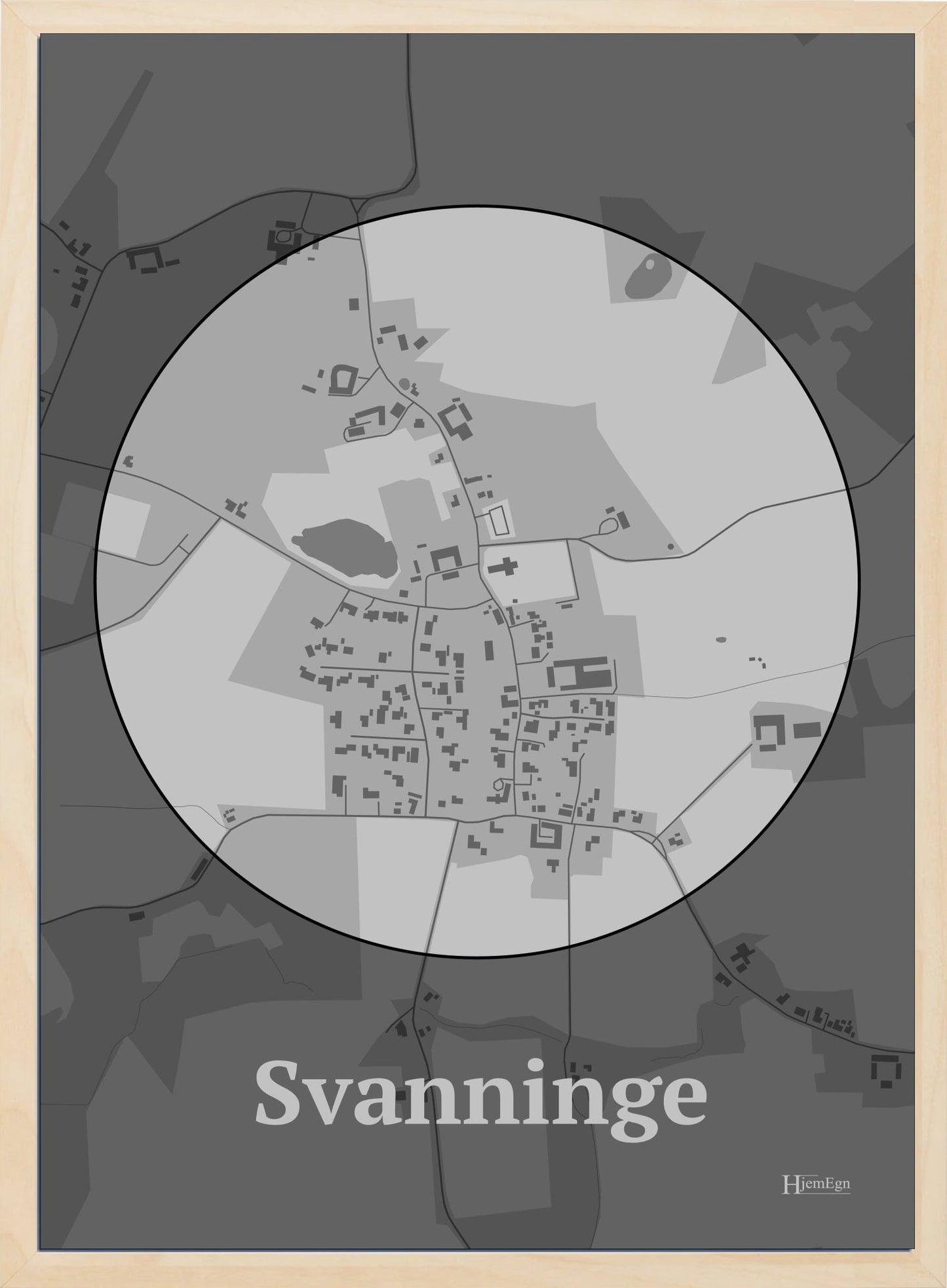 Svanninge plakat i farve pastel grå og HjemEgn.dk design centrum. Design bykort for Svanninge