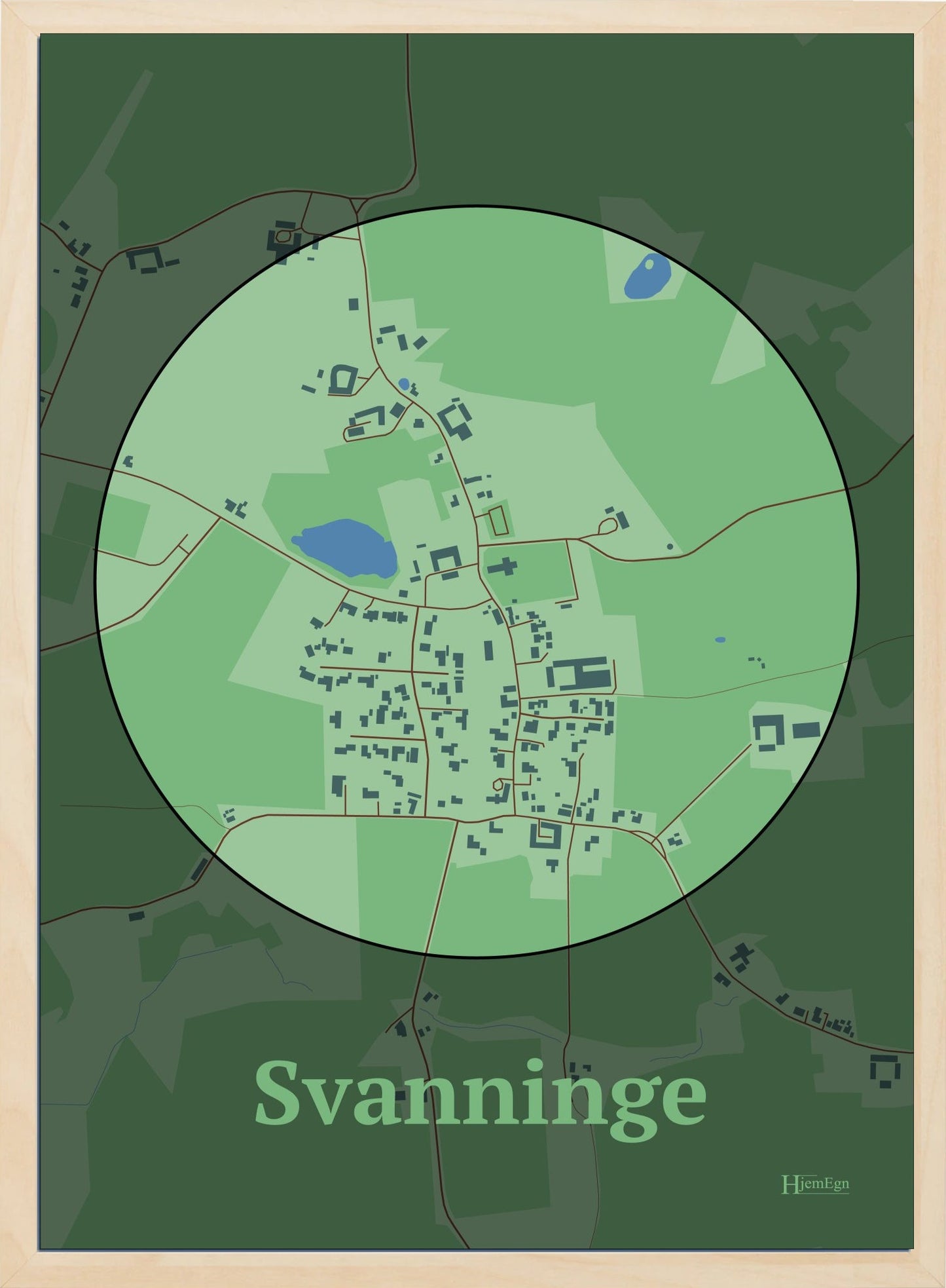 Svanninge plakat i farve pastel grøn og HjemEgn.dk design centrum. Design bykort for Svanninge