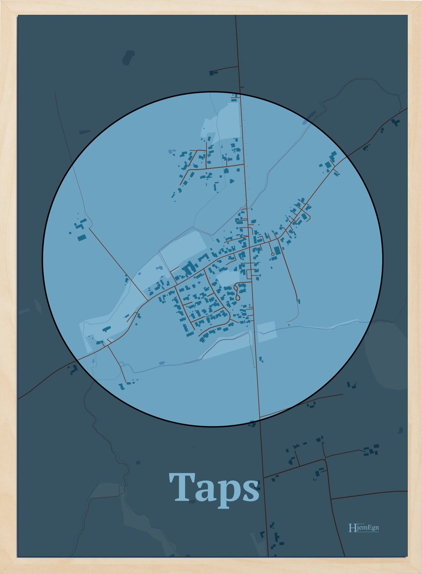 Taps plakat i farve pastel blå og HjemEgn.dk design centrum. Design bykort for Taps