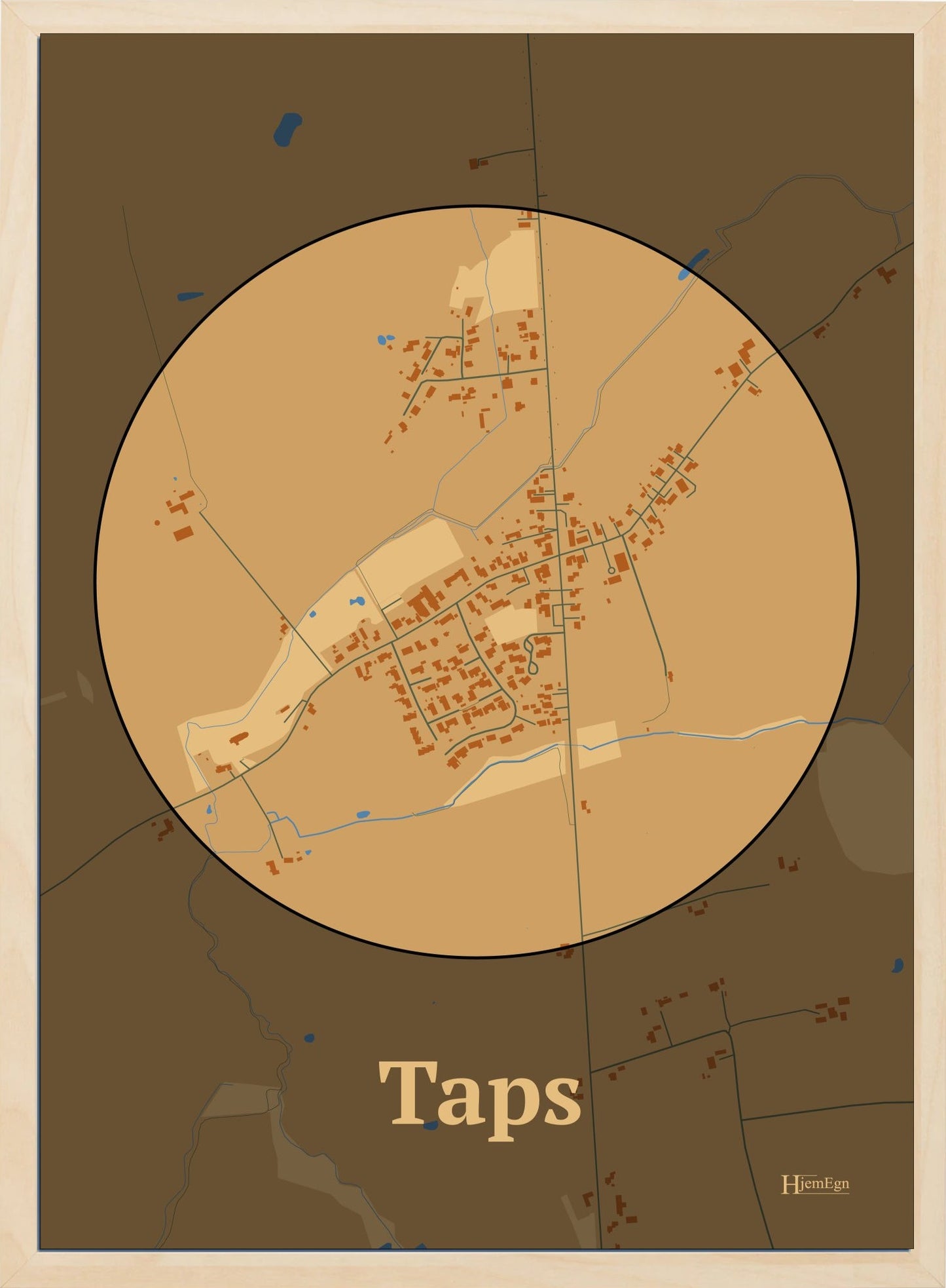 Taps plakat i farve pastel brun og HjemEgn.dk design centrum. Design bykort for Taps