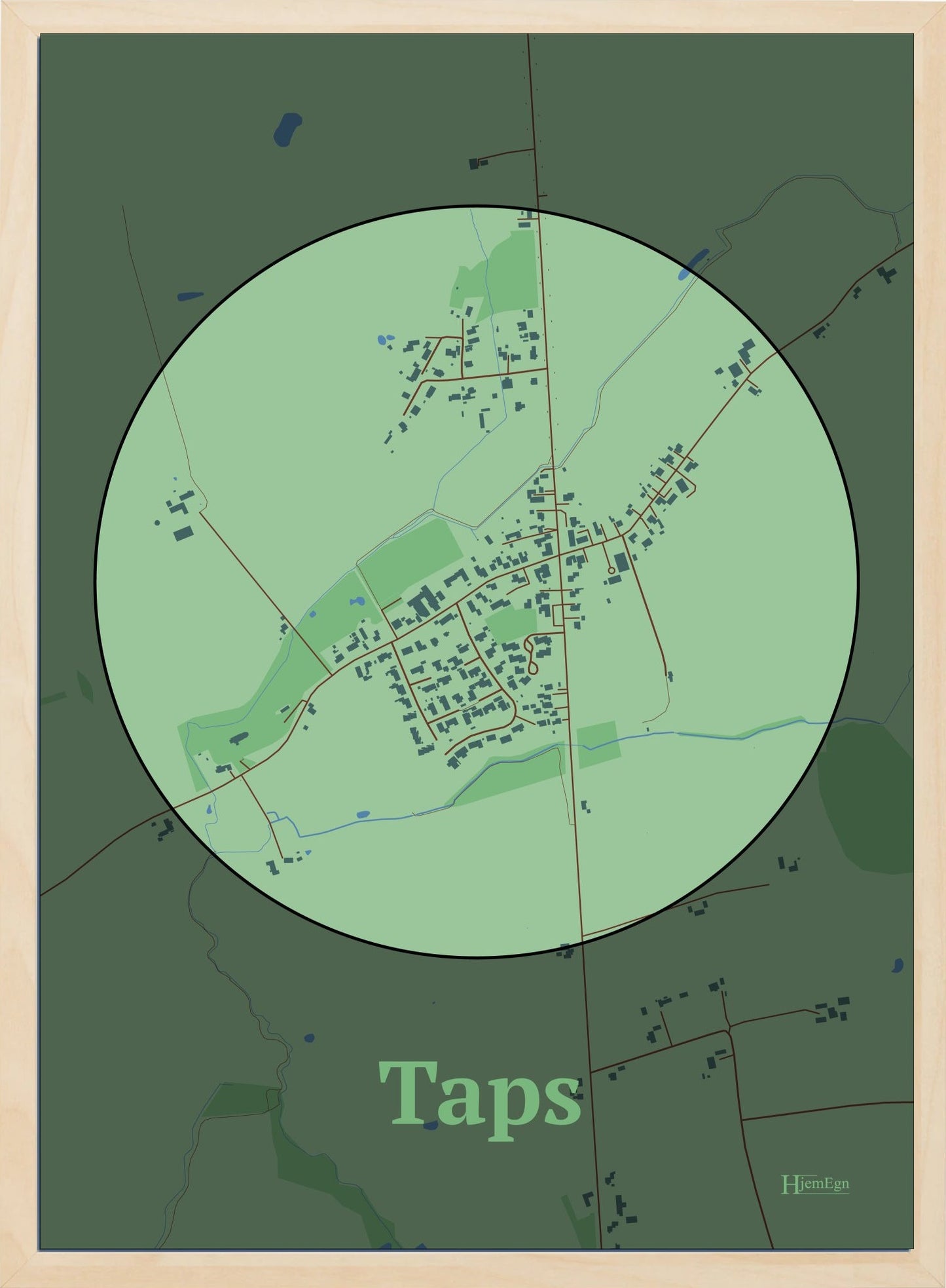 Taps plakat i farve pastel grøn og HjemEgn.dk design centrum. Design bykort for Taps