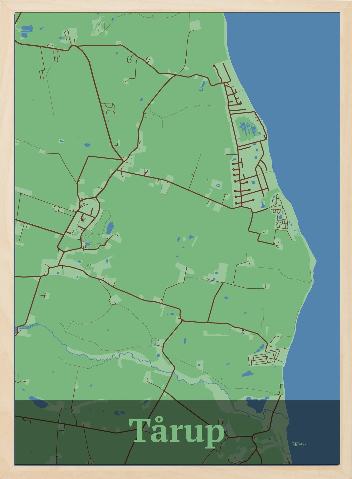 Tårup plakat i farve pastel grøn og HjemEgn.dk design firkantet. Design bykort for Tårup