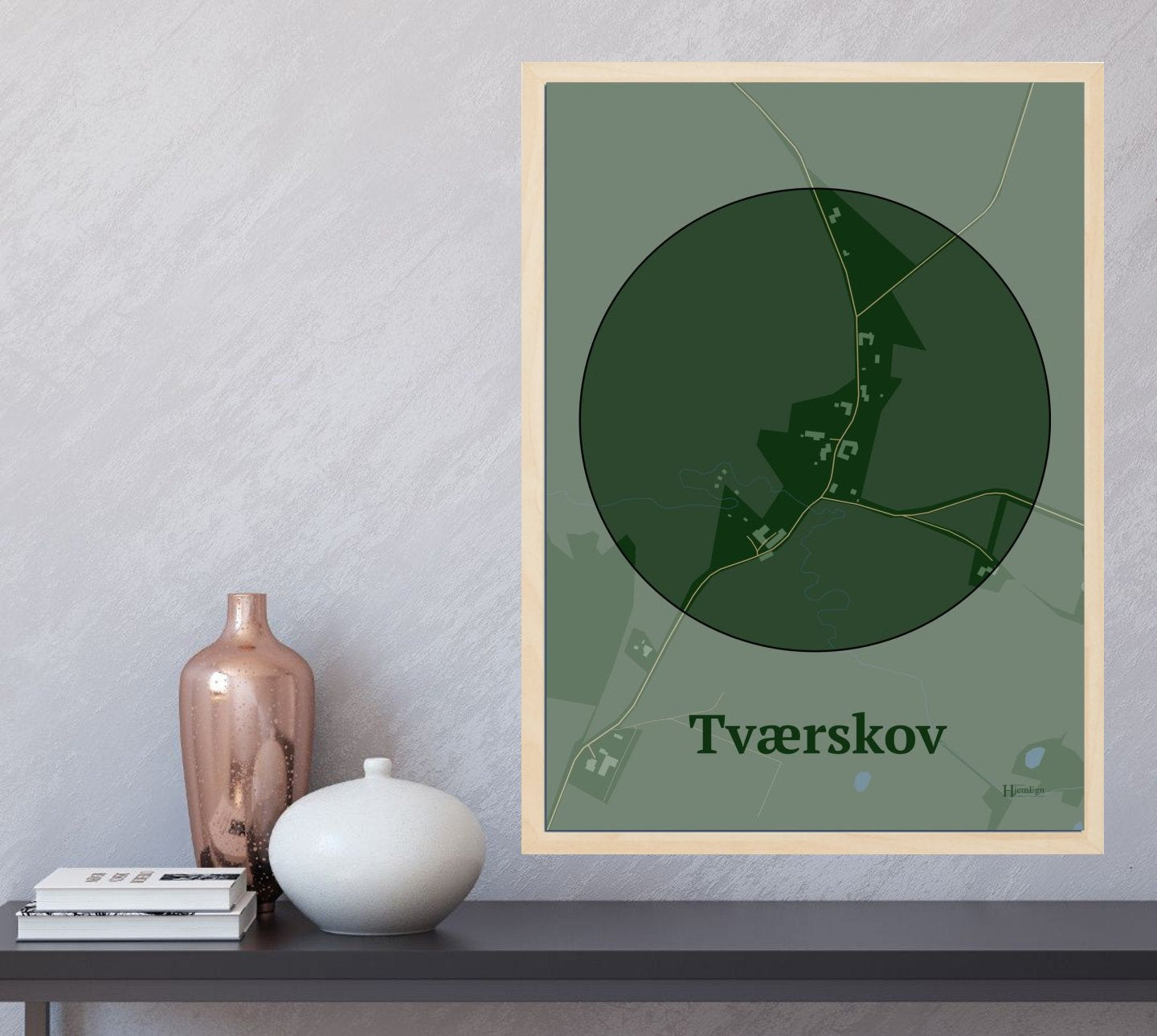 Tværskov plakat i farve og HjemEgn.dk design centrum. Design bykort for Tværskov