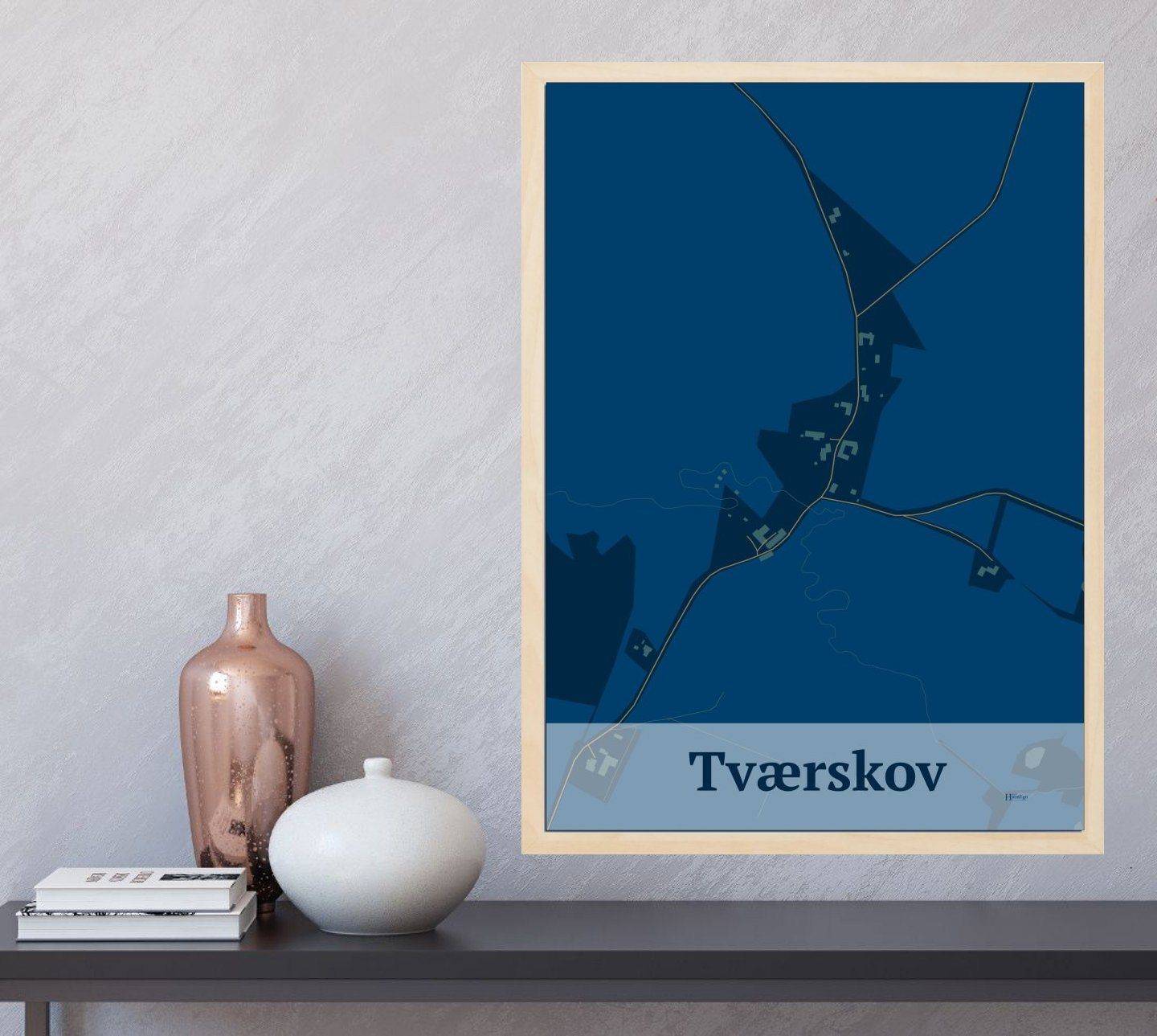 Tværskov plakat i farve og HjemEgn.dk design firkantet. Design bykort for Tværskov