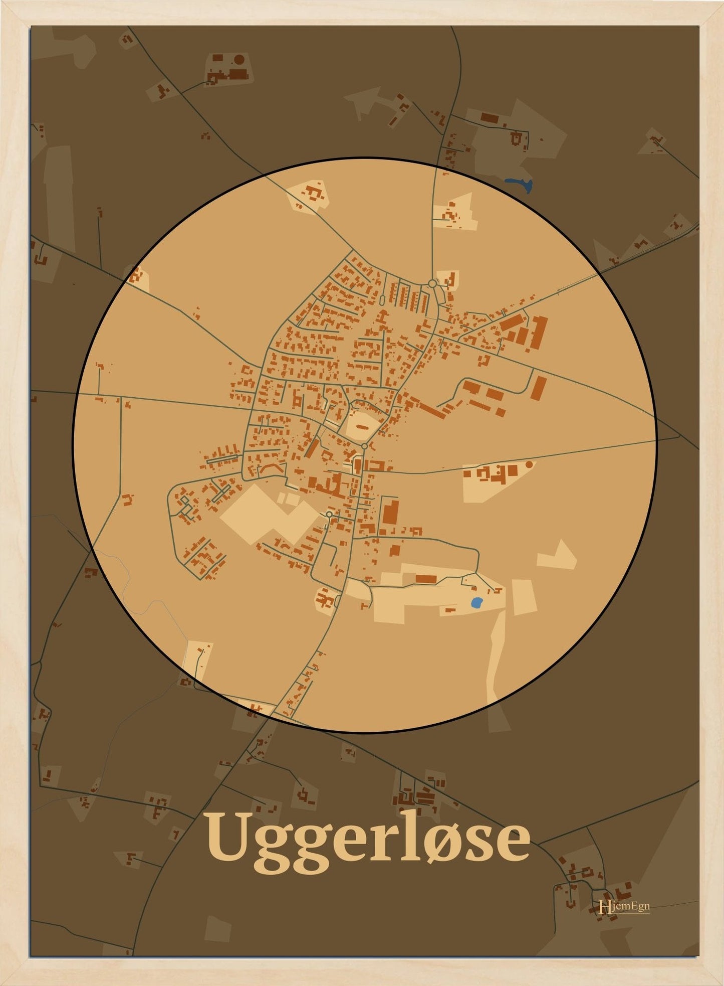 Uggerløse plakat i farve pastel brun og HjemEgn.dk design centrum. Design bykort for Uggerløse