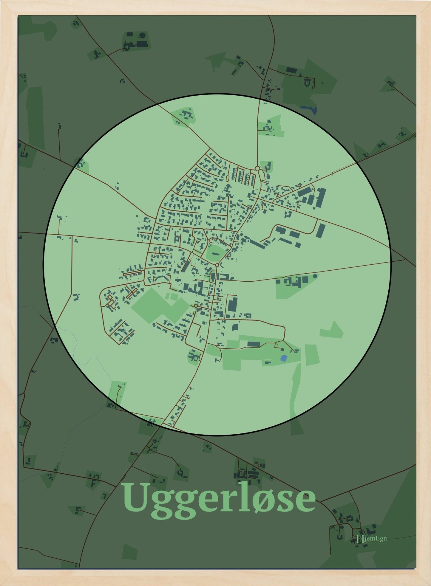 Uggerløse plakat i farve pastel grøn og HjemEgn.dk design centrum. Design bykort for Uggerløse