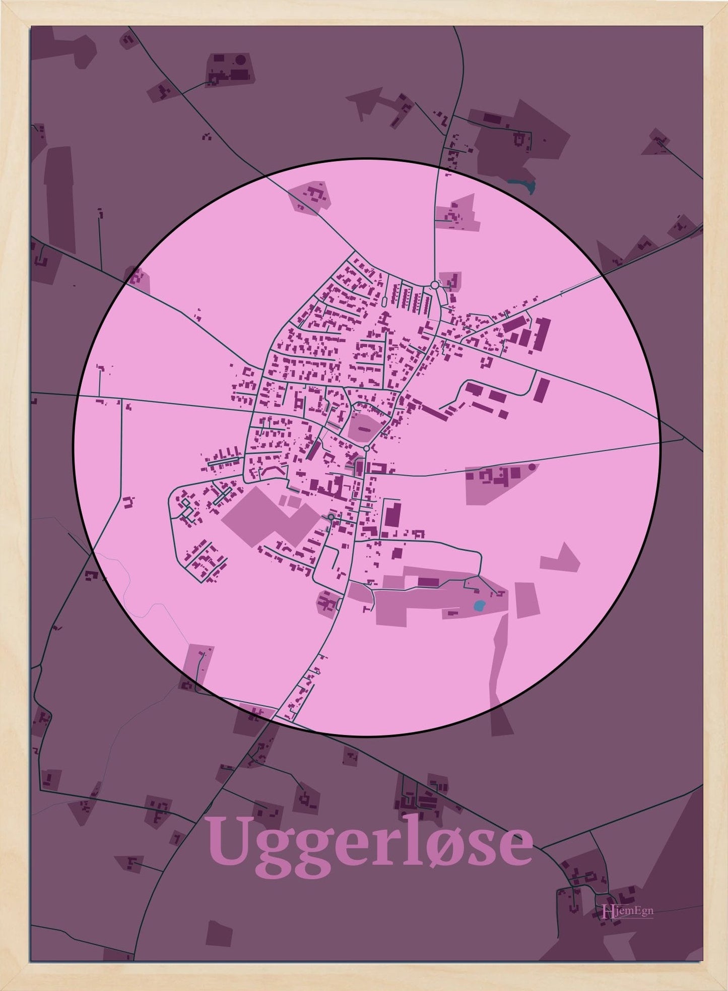 Uggerløse plakat i farve pastel rød og HjemEgn.dk design centrum. Design bykort for Uggerløse