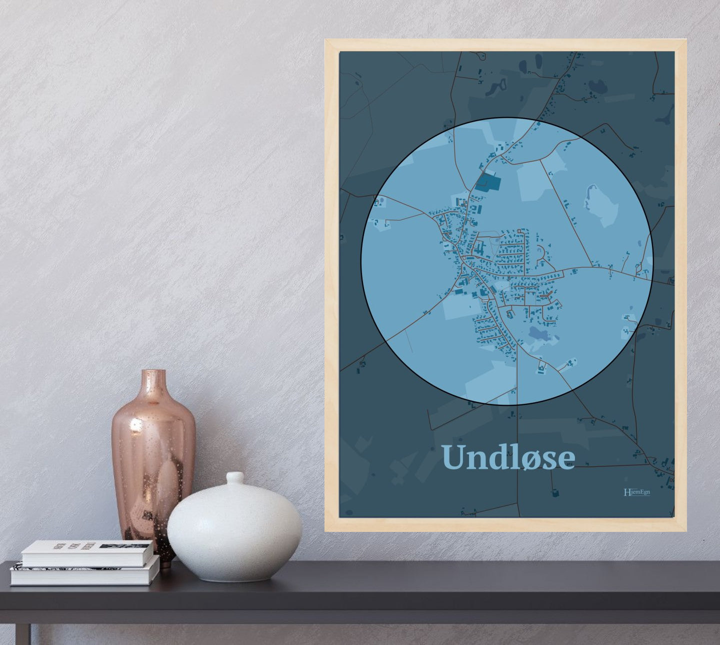 Undløse plakat i farve og HjemEgn.dk design centrum. Design bykort for Undløse