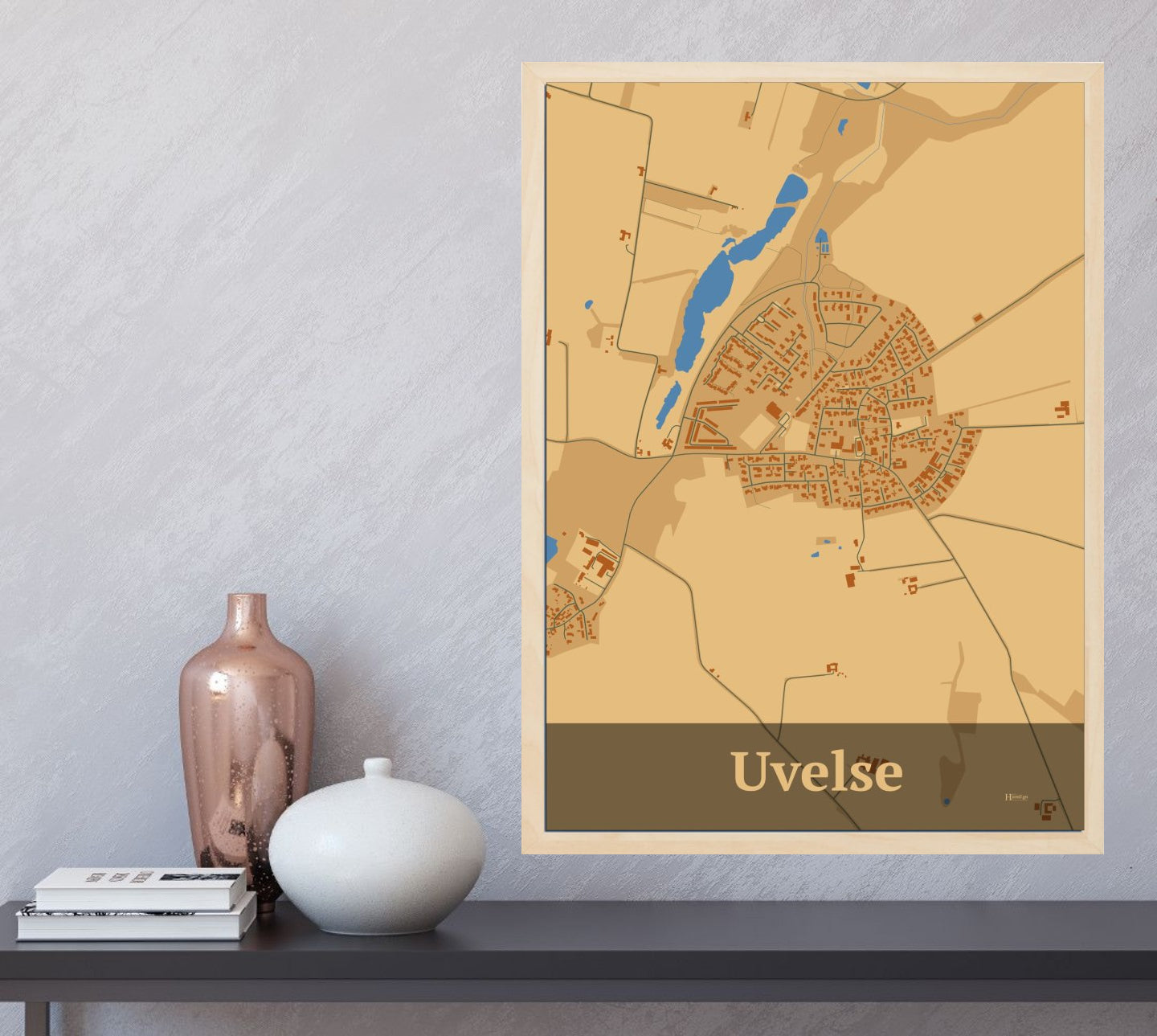 Uvelse plakat i farve og HjemEgn.dk design firkantet. Design bykort for Uvelse