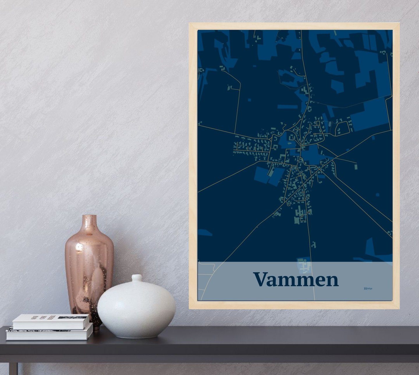 Vammen plakat i farve og HjemEgn.dk design firkantet. Design bykort for Vammen