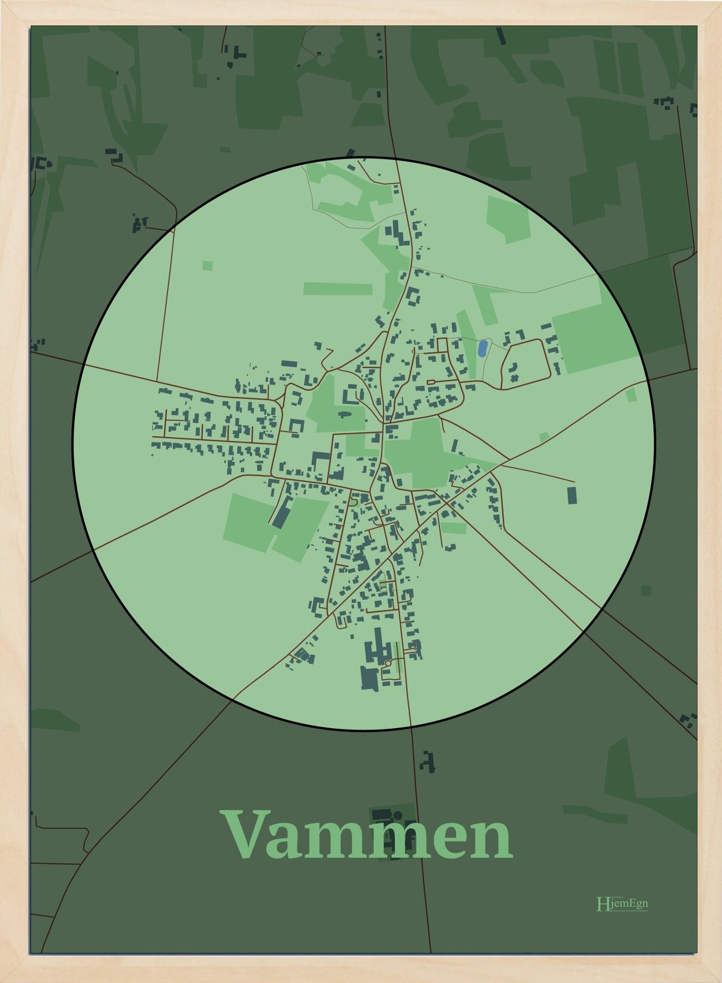 Vammen plakat i farve pastel grøn og HjemEgn.dk design centrum. Design bykort for Vammen