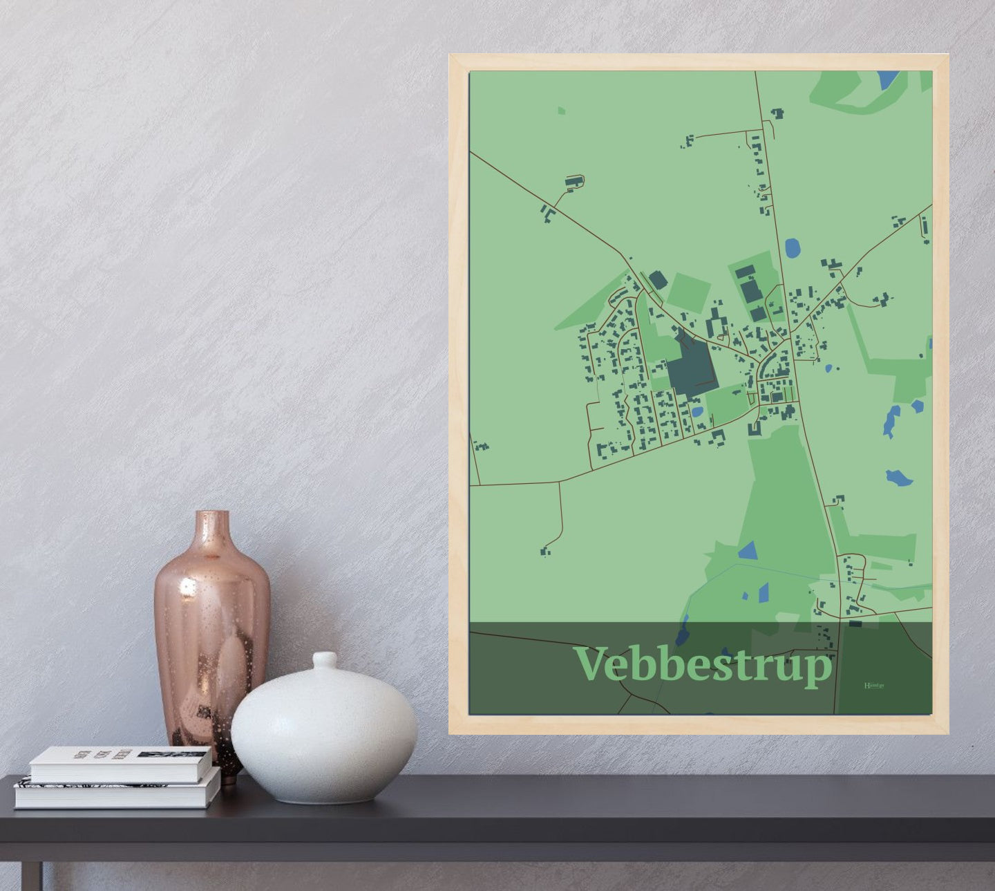 Vebbestrup plakat i farve og HjemEgn.dk design firkantet. Design bykort for Vebbestrup