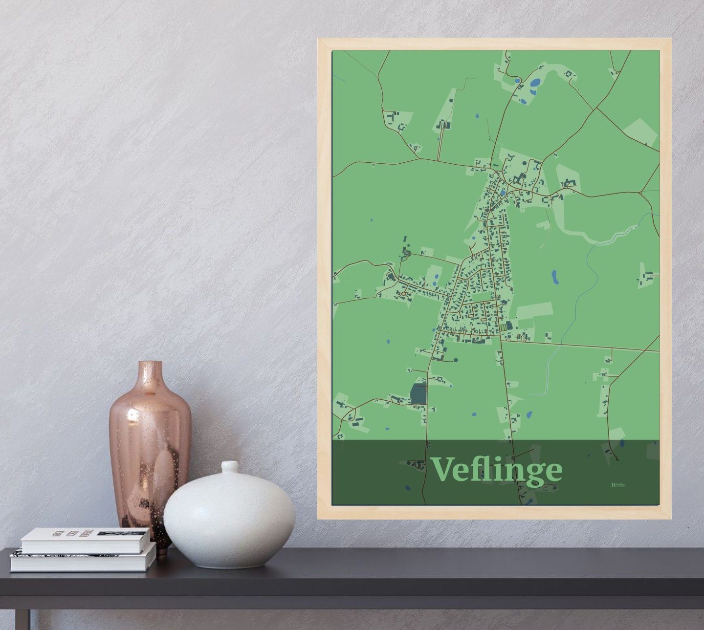 Veflinge plakat i farve og HjemEgn.dk design firkantet. Design bykort for Veflinge