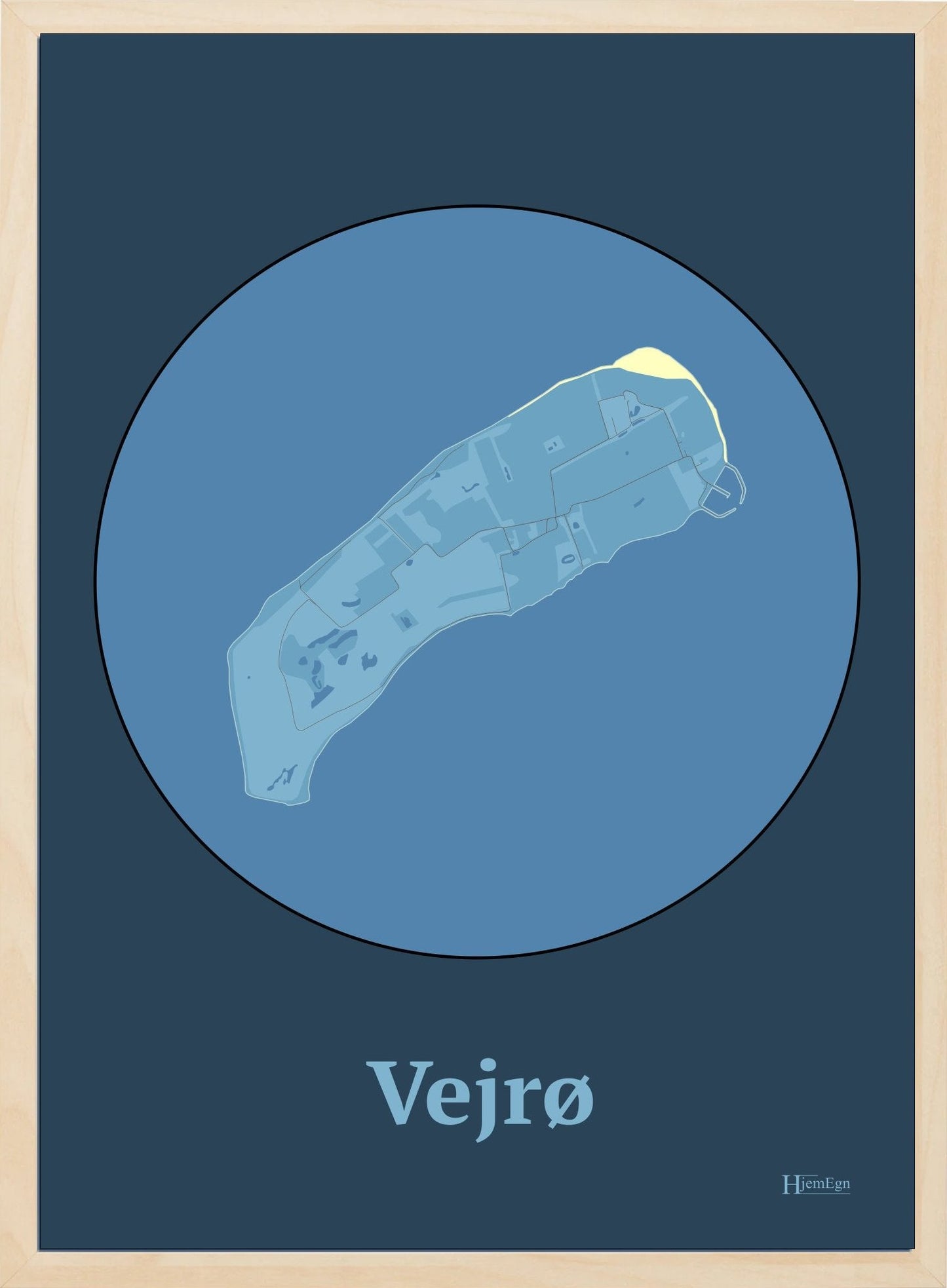 Vejrø plakat i farve pastel blå og HjemEgn.dk design centrum. Design ø-kort for Vejrø
