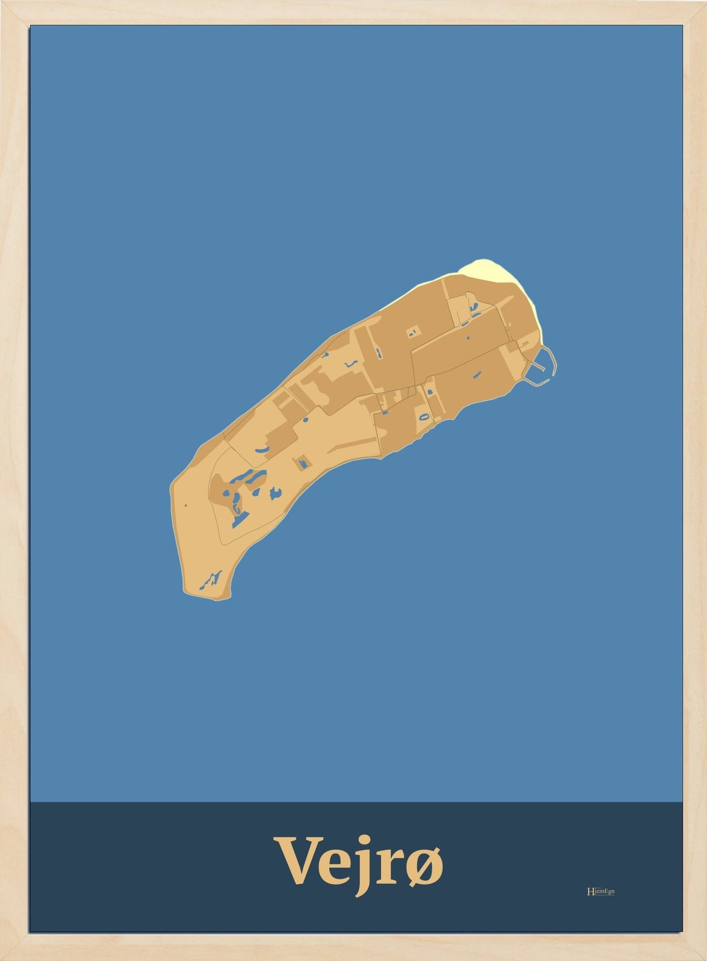 Vejrø plakat i farve pastel brun og HjemEgn.dk design firkantet. Design ø-kort for Vejrø
