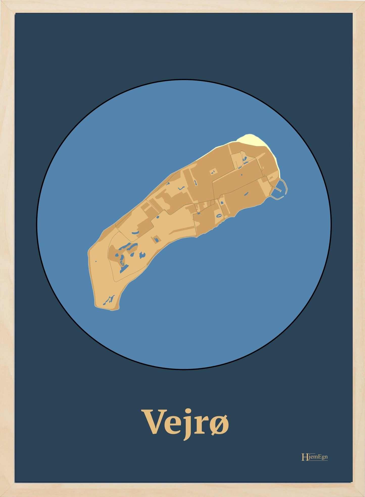 Vejrø plakat i farve pastel brun og HjemEgn.dk design centrum. Design ø-kort for Vejrø